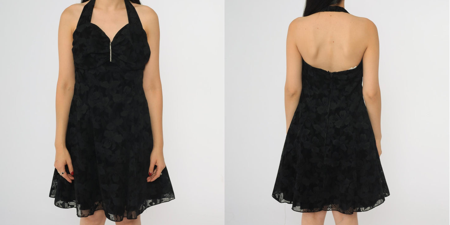 90s Zum Zum Black Halter Mini Dress Floral Flocked Rhinestone Small