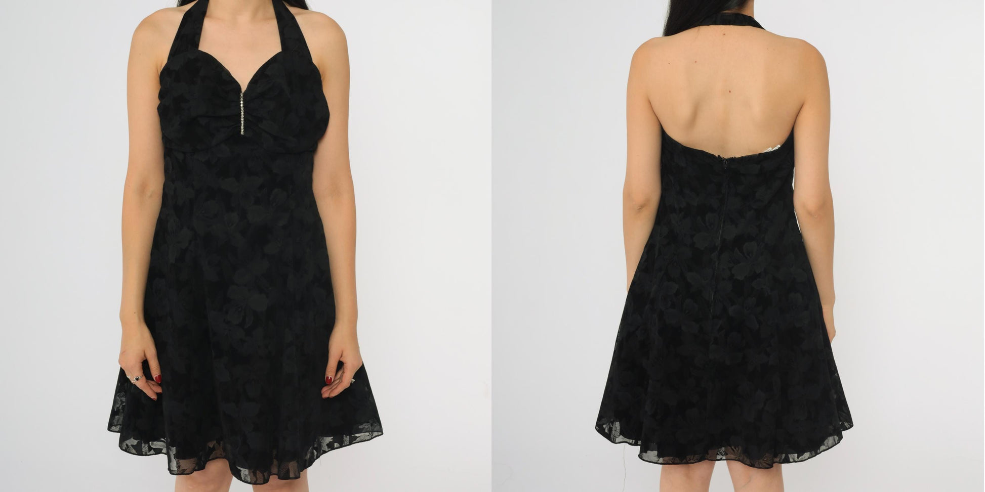 90s Zum Zum Black Halter Mini Dress Floral Flocked Rhinestone Small
