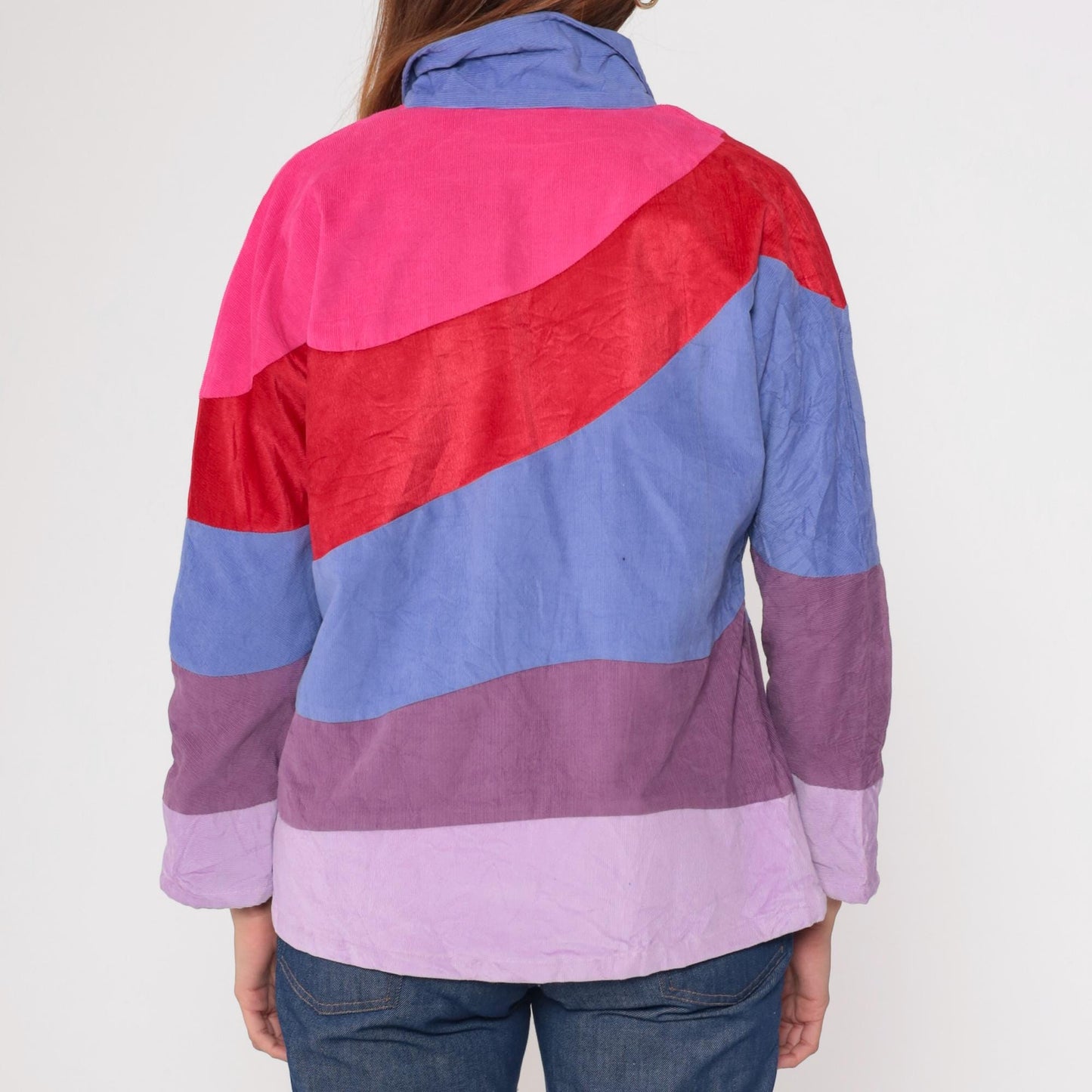 70s Corduroy Color Block Button Up Blouse Pink Purple Red Long Sleeve Large L