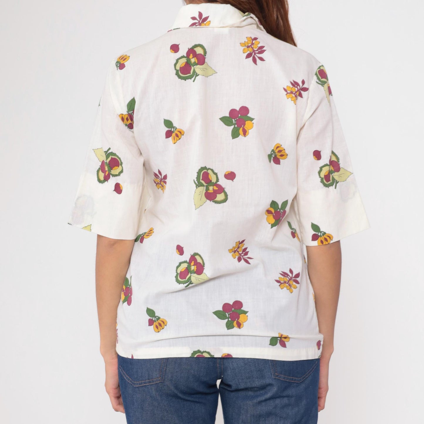 70s Laura Mae Fruit Print Button Up Blouse White Chestnut Medium