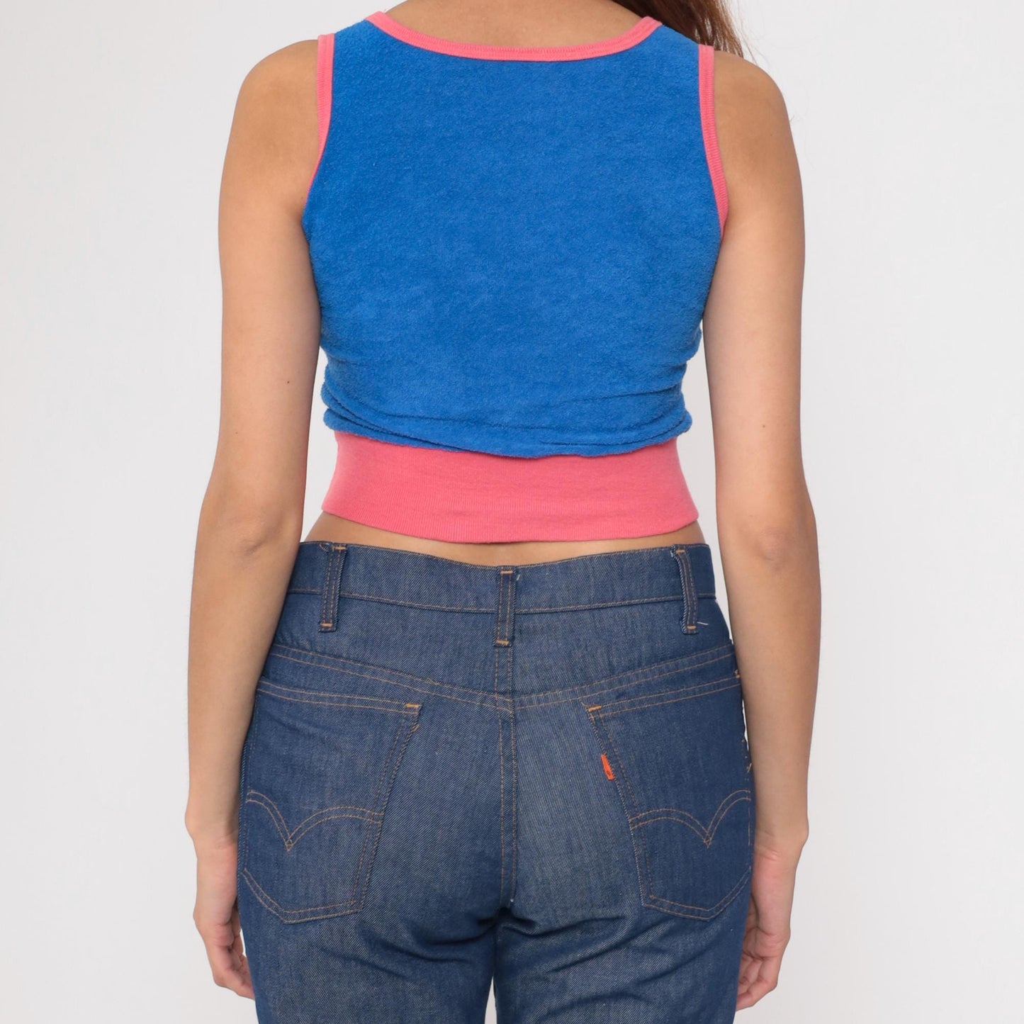 80s Terrycloth Tank Top Striped Blue Coral Mesh Ringer Crop Extra Small
