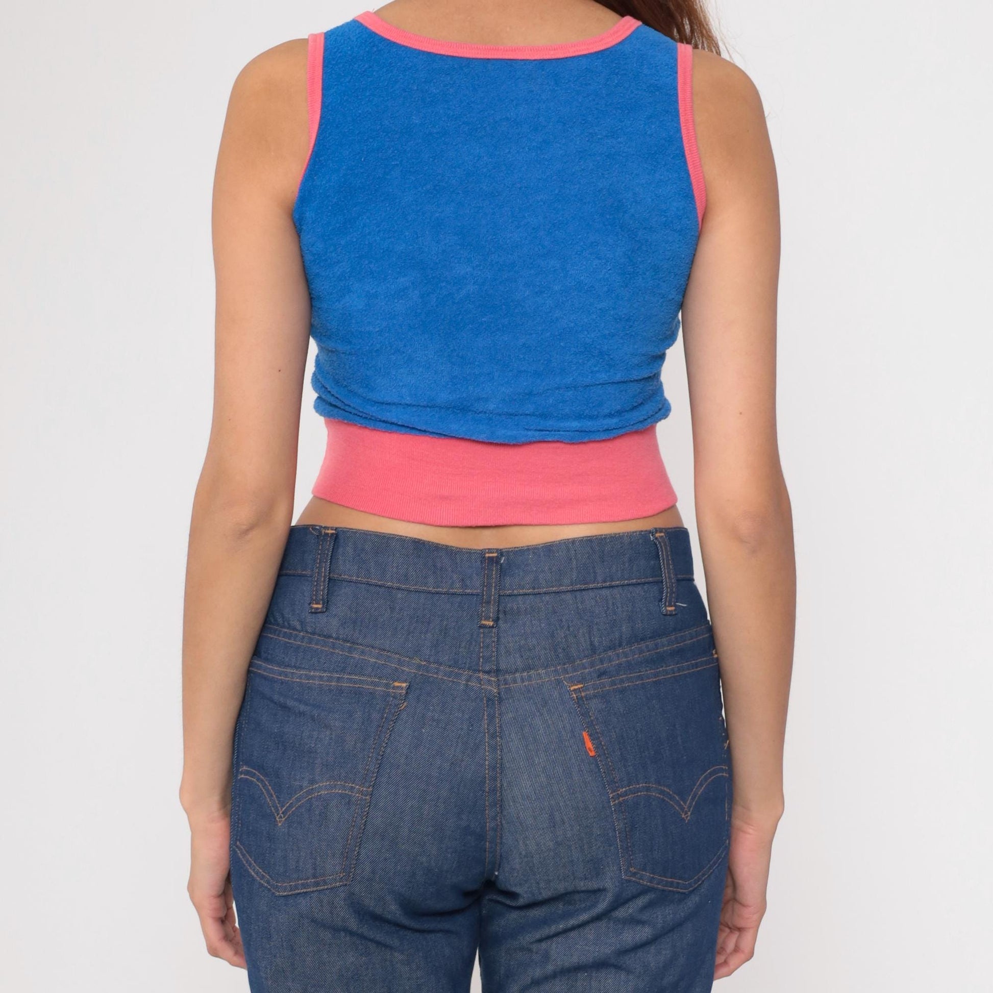 80s Terrycloth Tank Top Striped Blue Coral Mesh Ringer Crop Extra Small