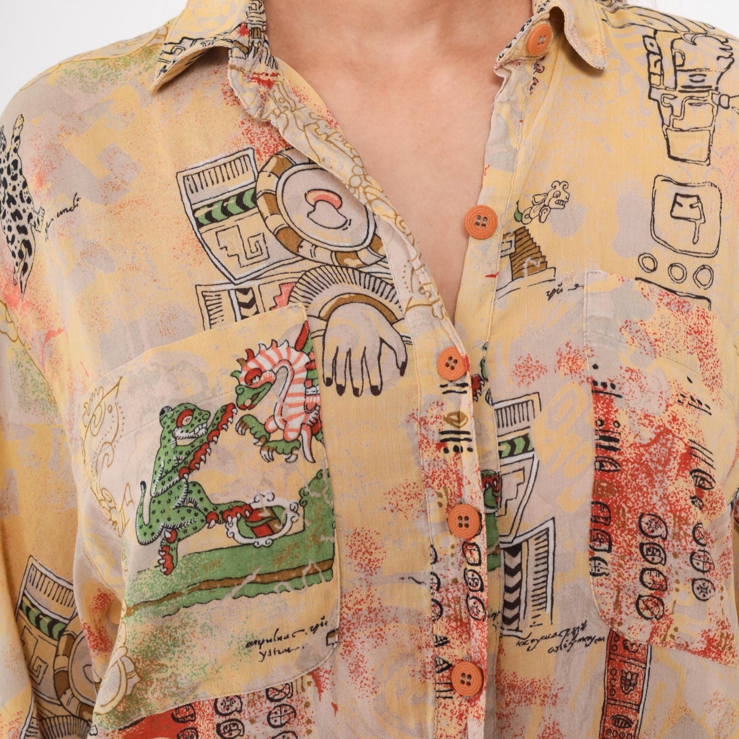 90s Aztec Print Button Down Shirt Yellow Abstract Figures Medium