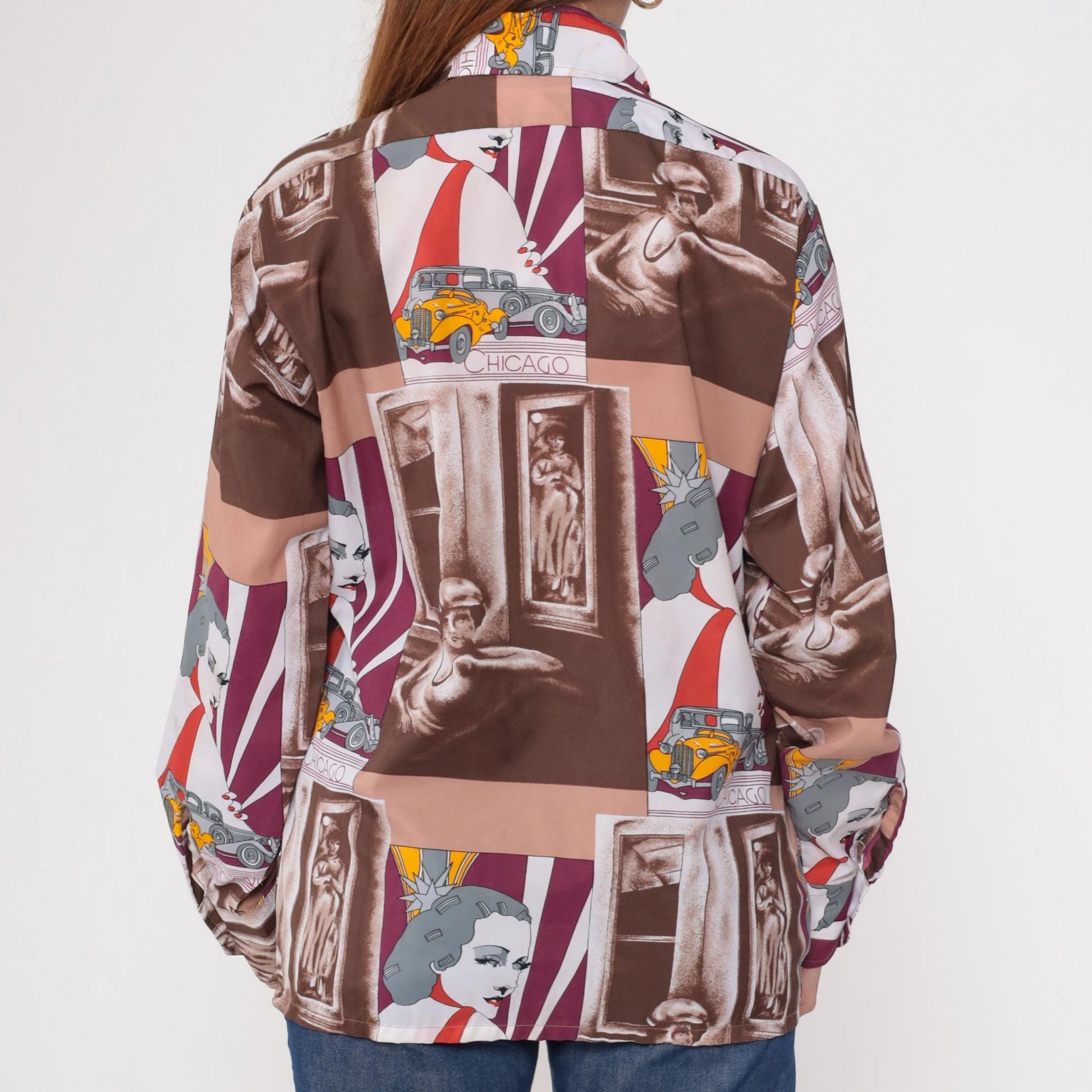 70s Art Deco Chicago Car Print Button Up Shirt Novelty Graphic Medium