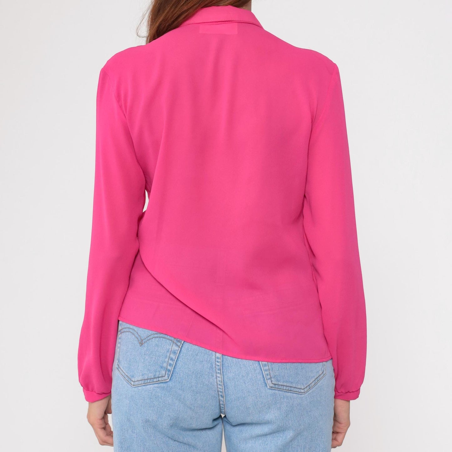 80s Fuchsia Pink Pleated Button-Up Blouse Pearl Buttons Long Sleeve Medium M