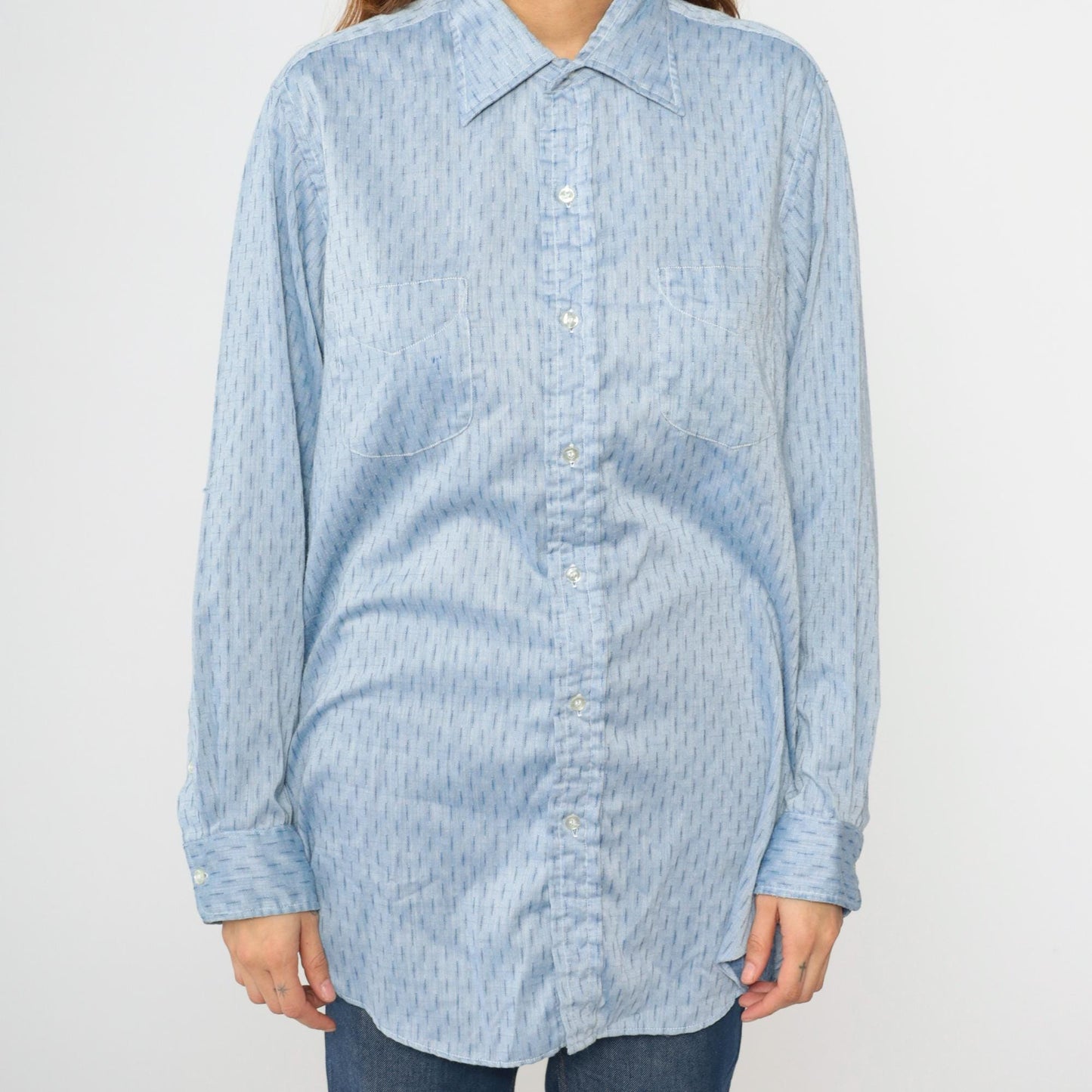 70s Light Blue Dash Stripe Button Down Shirt Cotton Blend Men's Large L