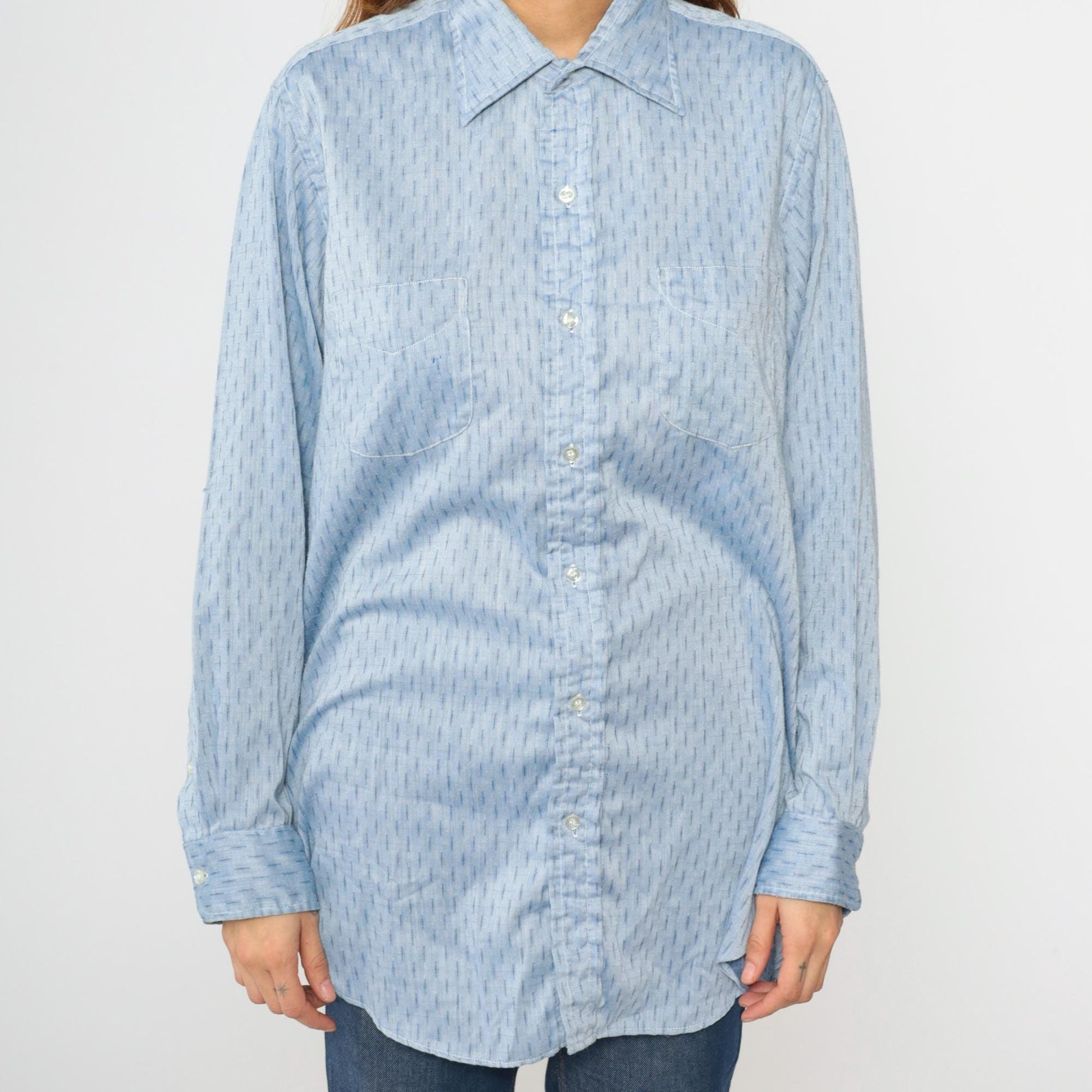 70s Light Blue Dash Stripe Button Down Shirt Cotton Blend Men's Large L