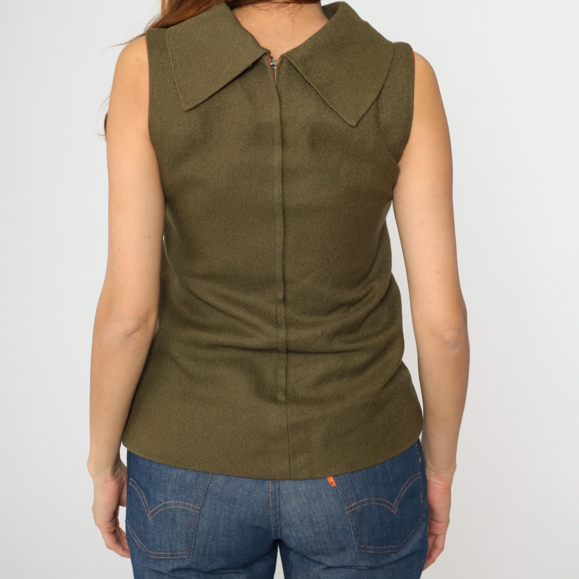 1960s Olive Brown Cowl Neck Sleeveless Woven Blouse Extra Small XS
