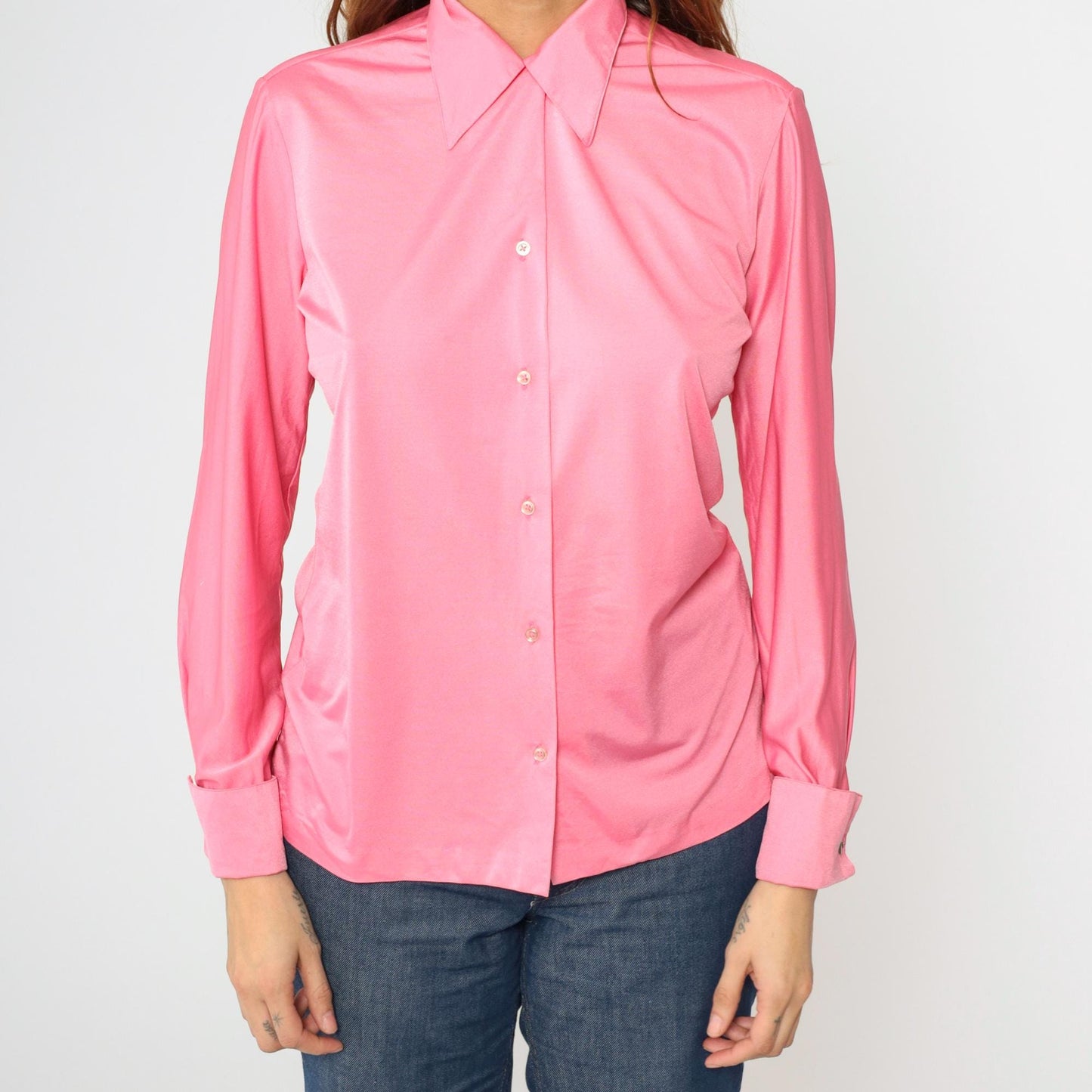 70s Shiny Pink Dagger Collar Button-Up Shirt Long Sleeve Cufflinks Medium M