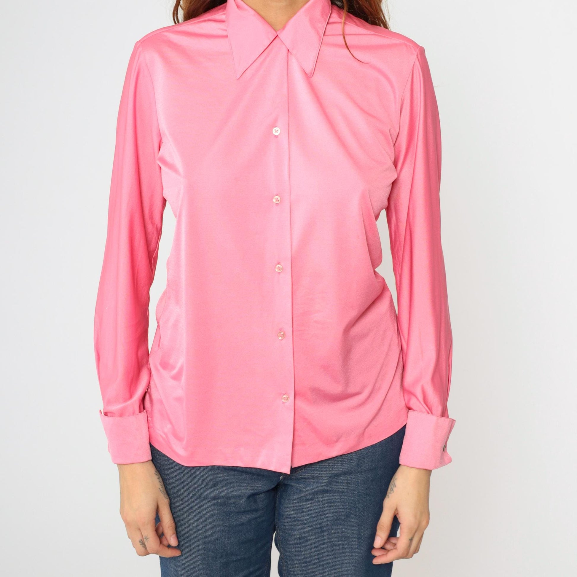 70s Shiny Pink Dagger Collar Button-Up Shirt Long Sleeve Cufflinks Medium M