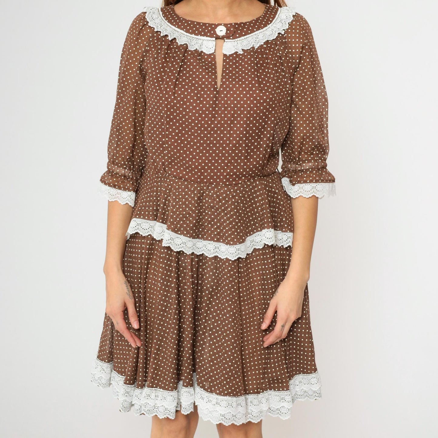 70s Brown Polka Dot Prairie Dress Keyhole Neck Tiered Skirt Medium