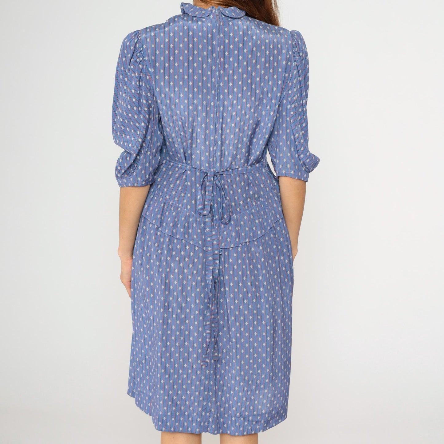 80s Blue Diamond Stripe Midi Dress Peplum Puff Sleeve High Neck Medium M