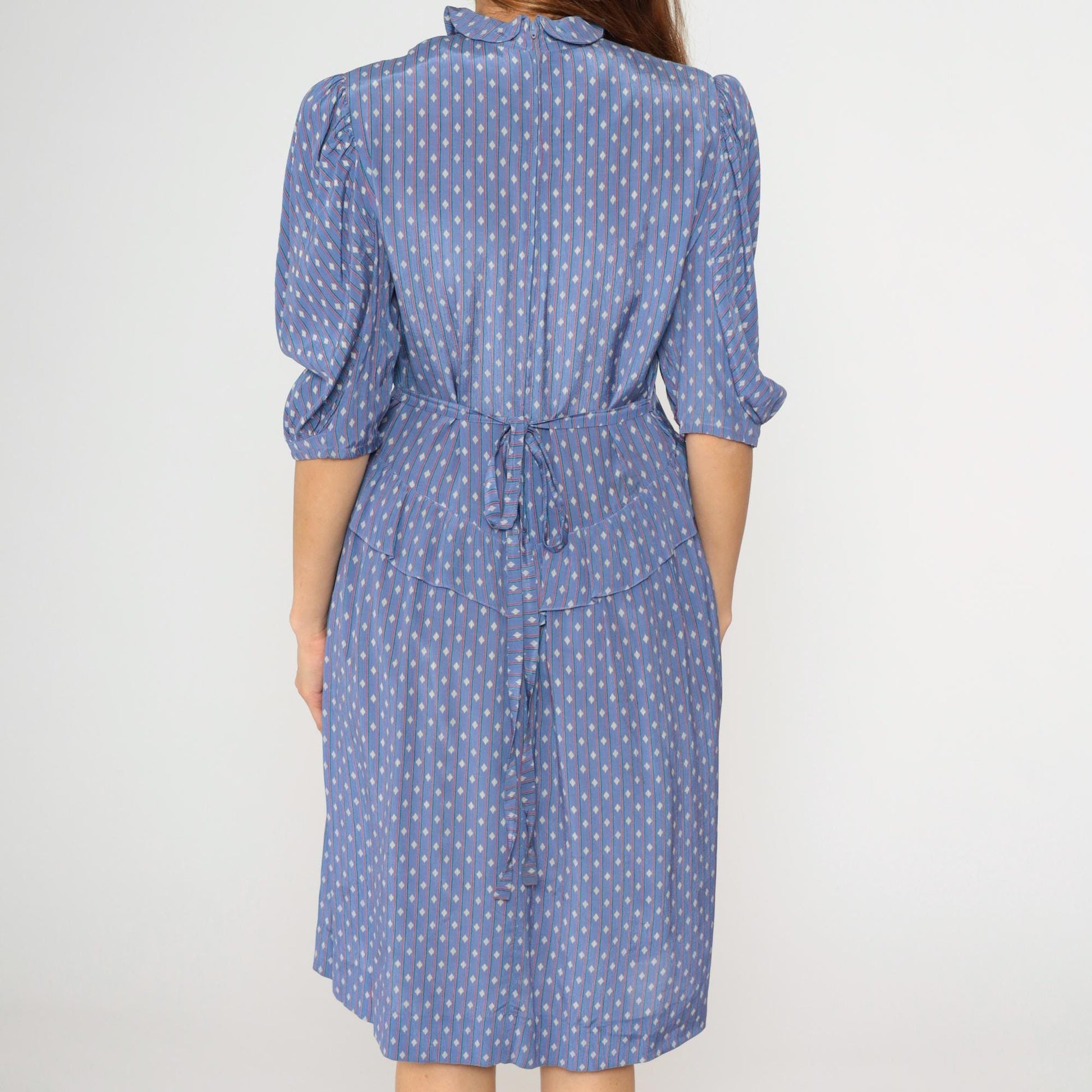 80s Blue Diamond Stripe Midi Dress Peplum Puff Sleeve High Neck Medium M