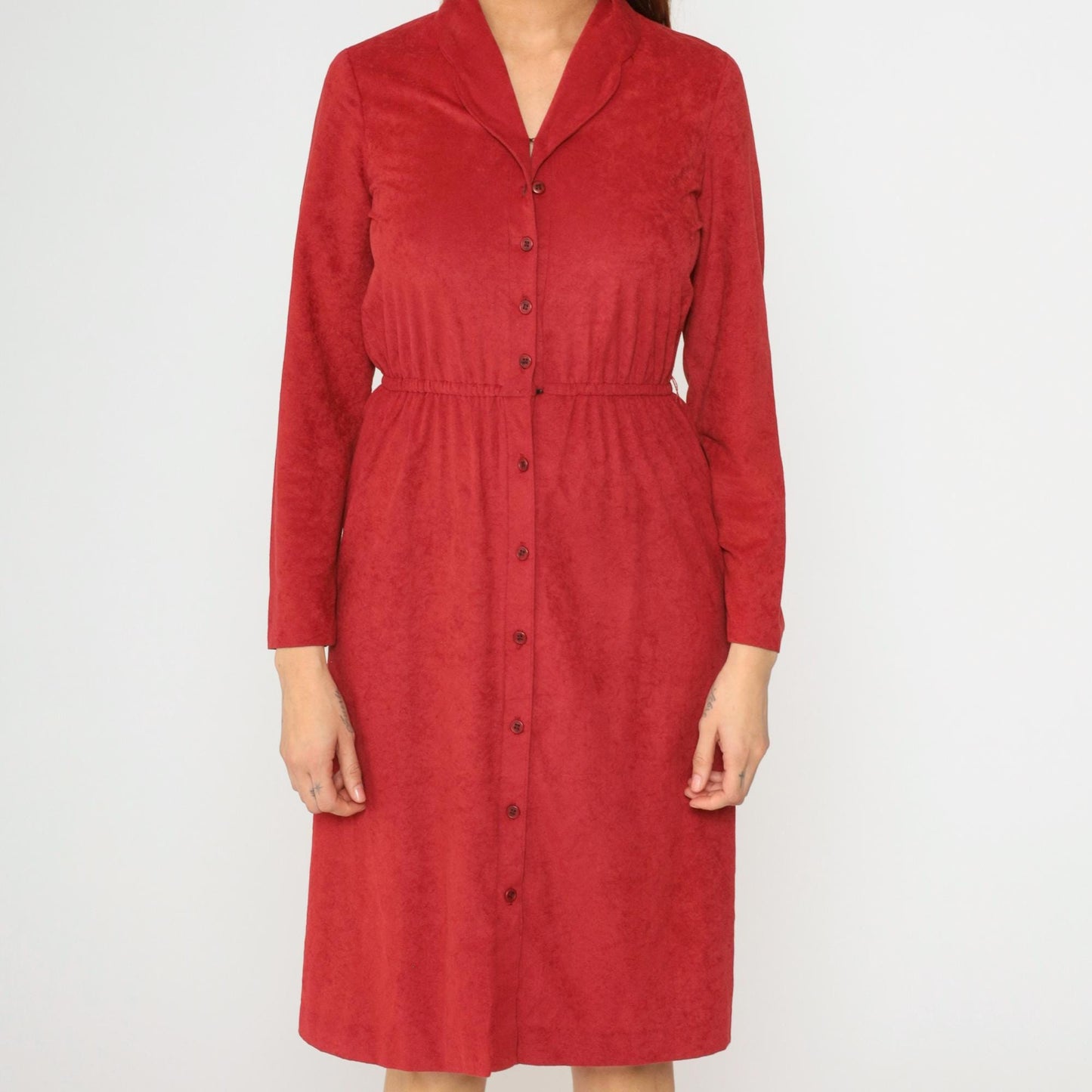 70s Red Velour Midi Shirtdress High Waist Button Front Long Sleeve Small