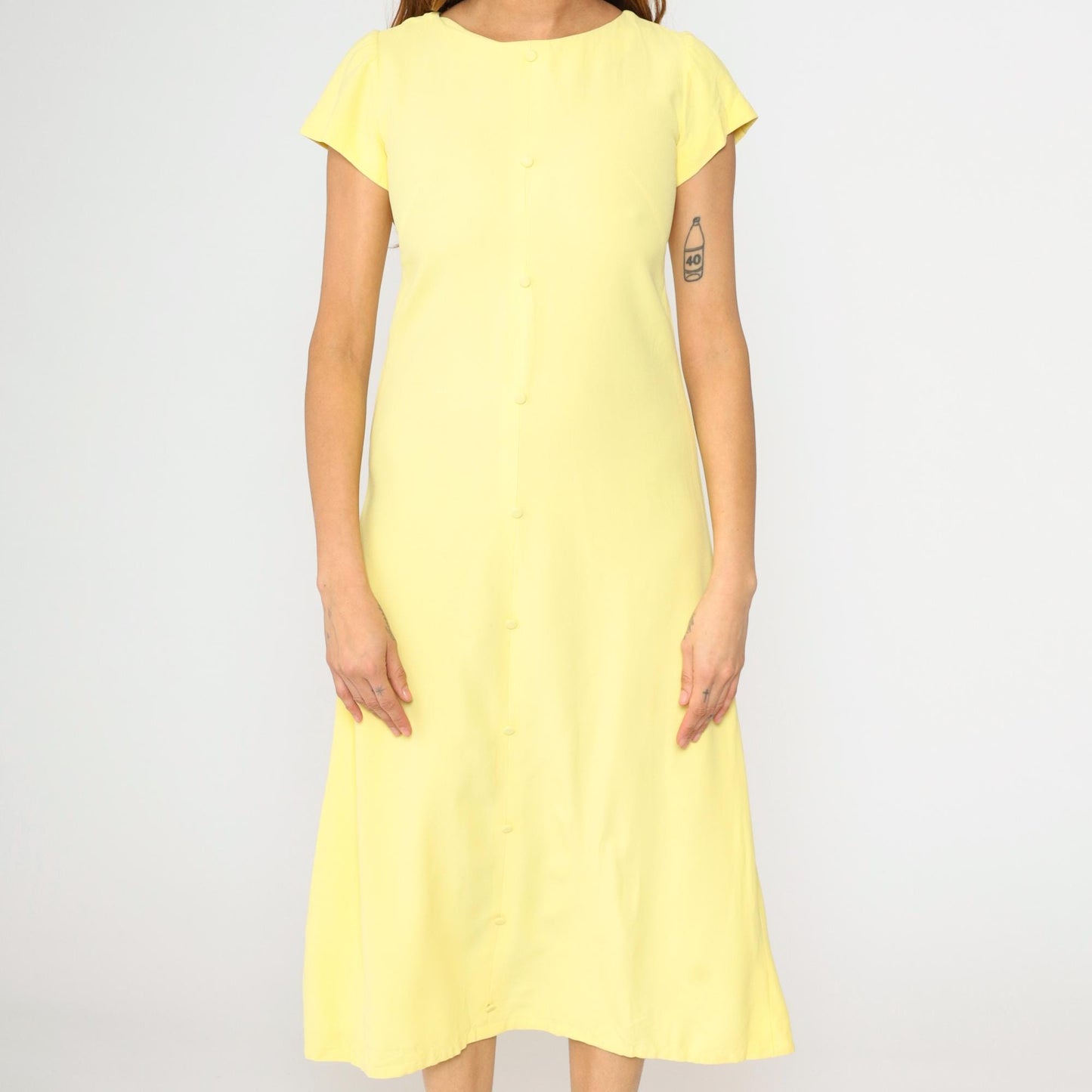 60s Light Yellow A-Line Midi Dress Short Sleeve Decorative Buttons Small