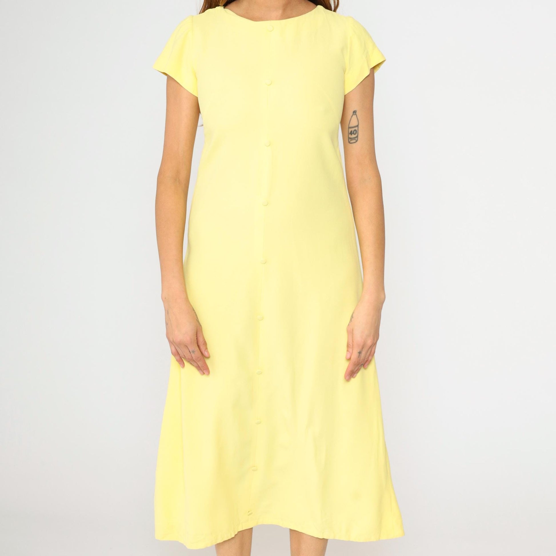 60s Light Yellow A-Line Midi Dress Short Sleeve Decorative Buttons Small