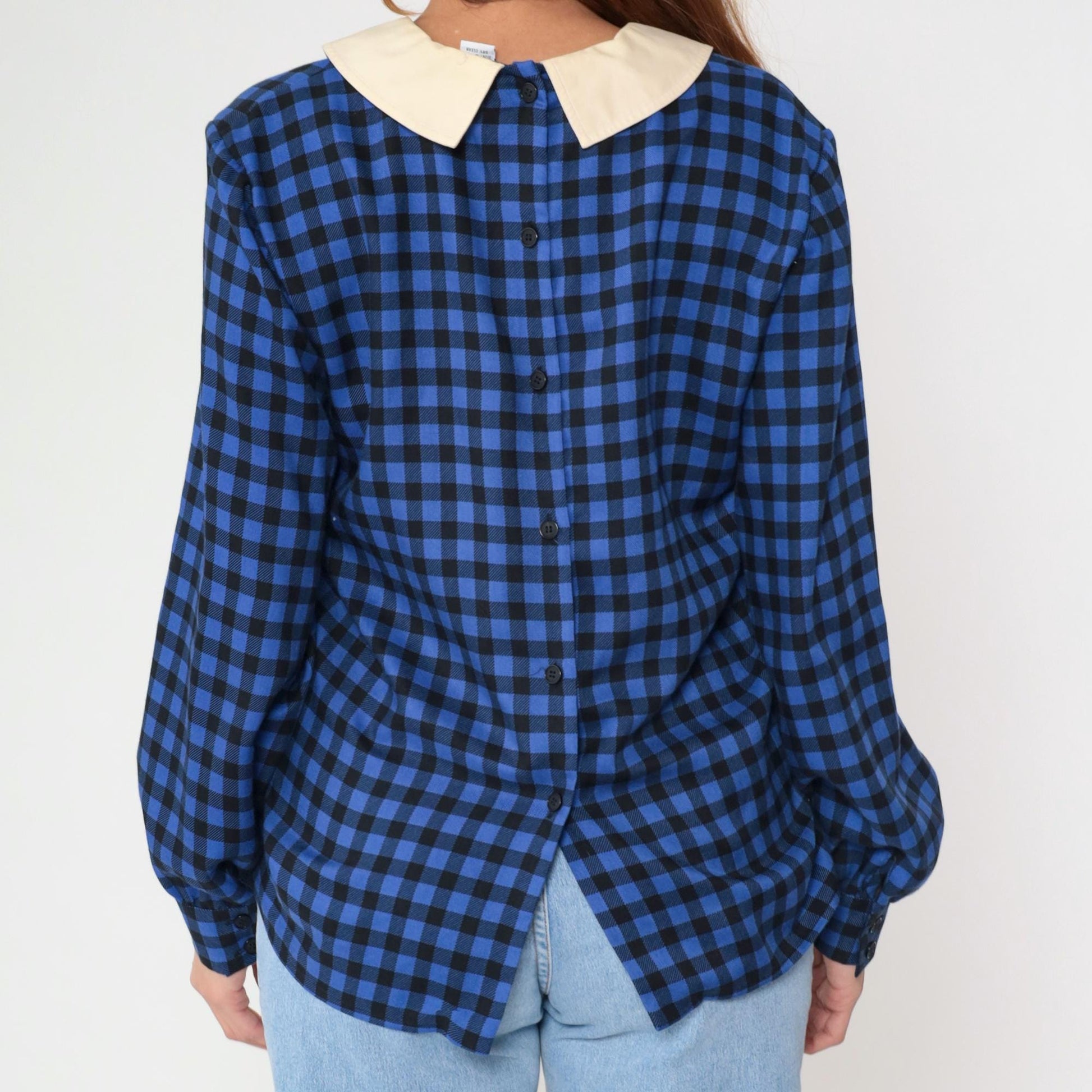 80s Albert Nipon Checkered Blouse Blue Black Gingham Cream Collar Medium