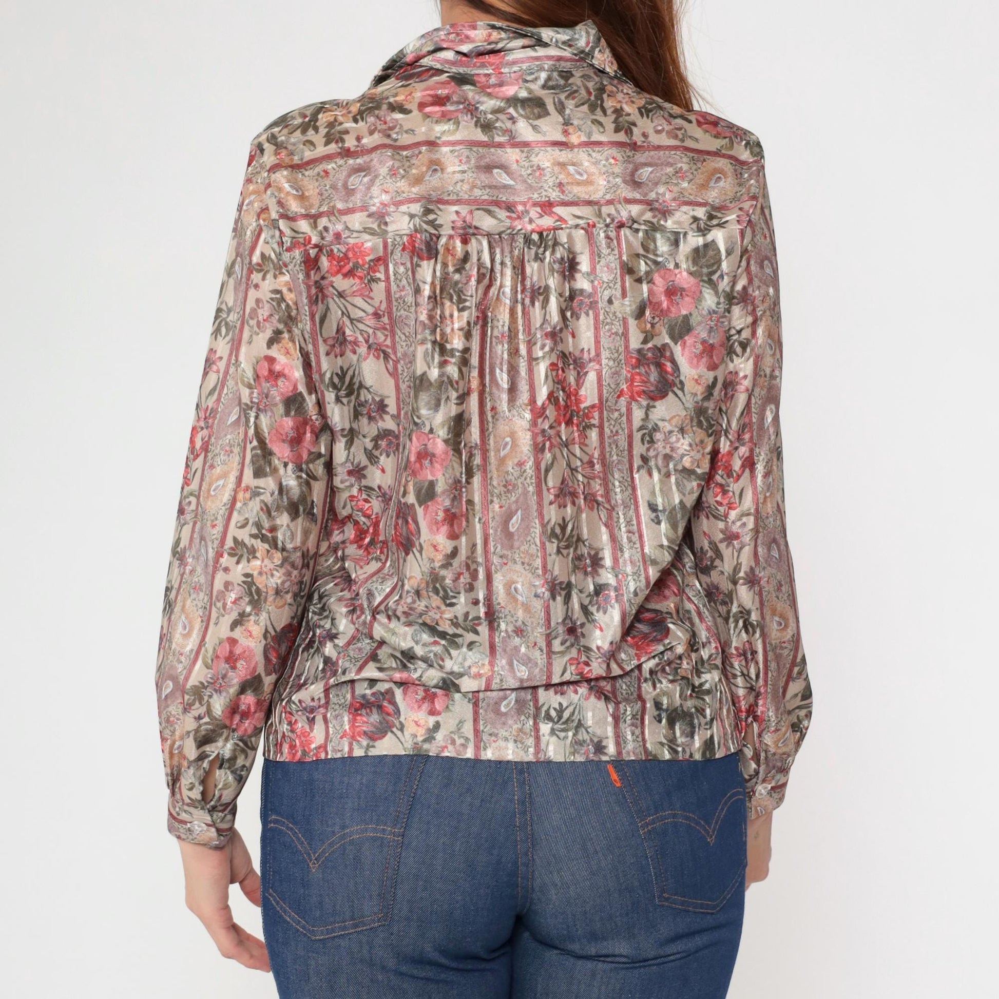 80s Beverley of California Striped Floral Button-Up Blouse Beige Red Medium