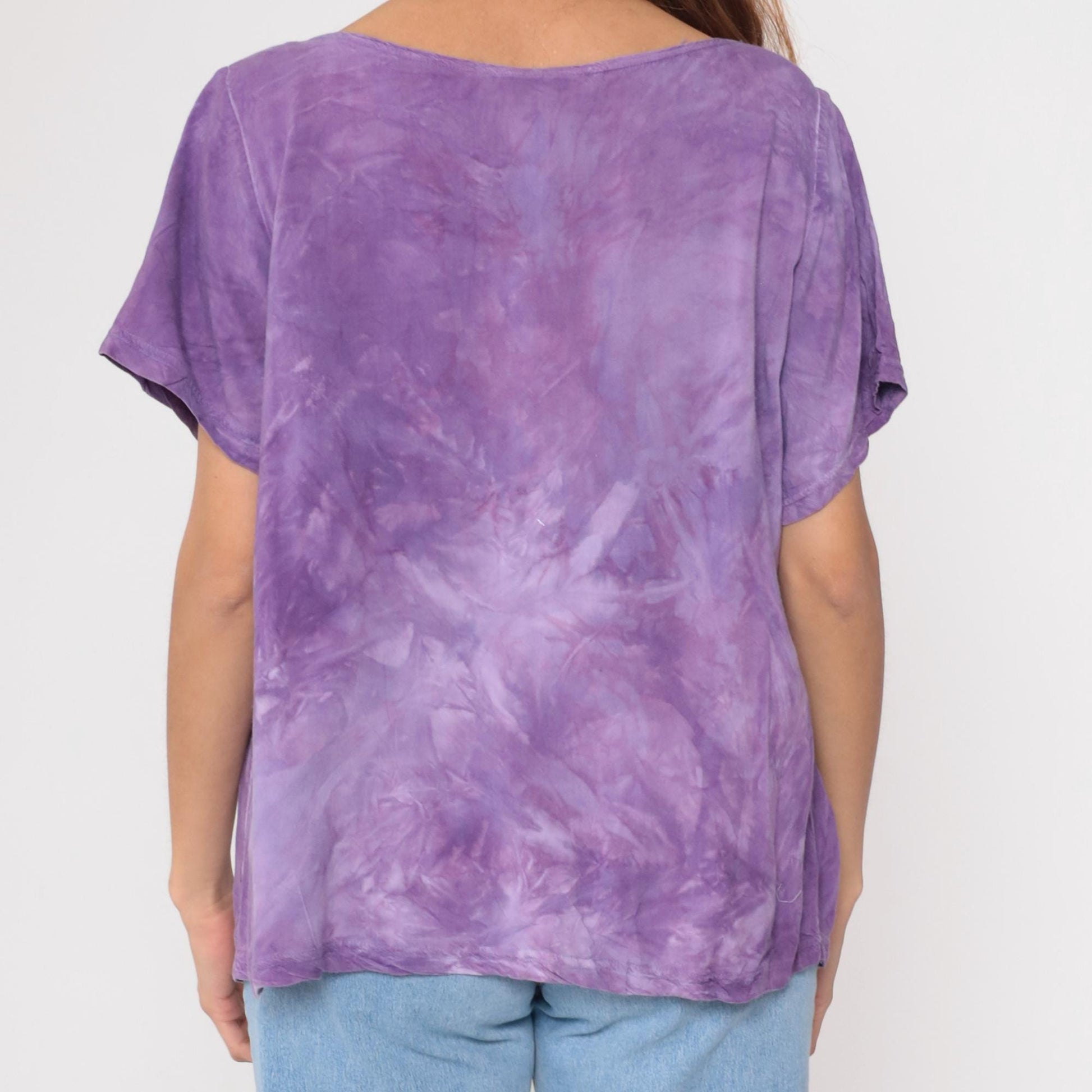 Y2K Purple Tie Dye Rayon Blouse Hummingbird Print Short Sleeve Large