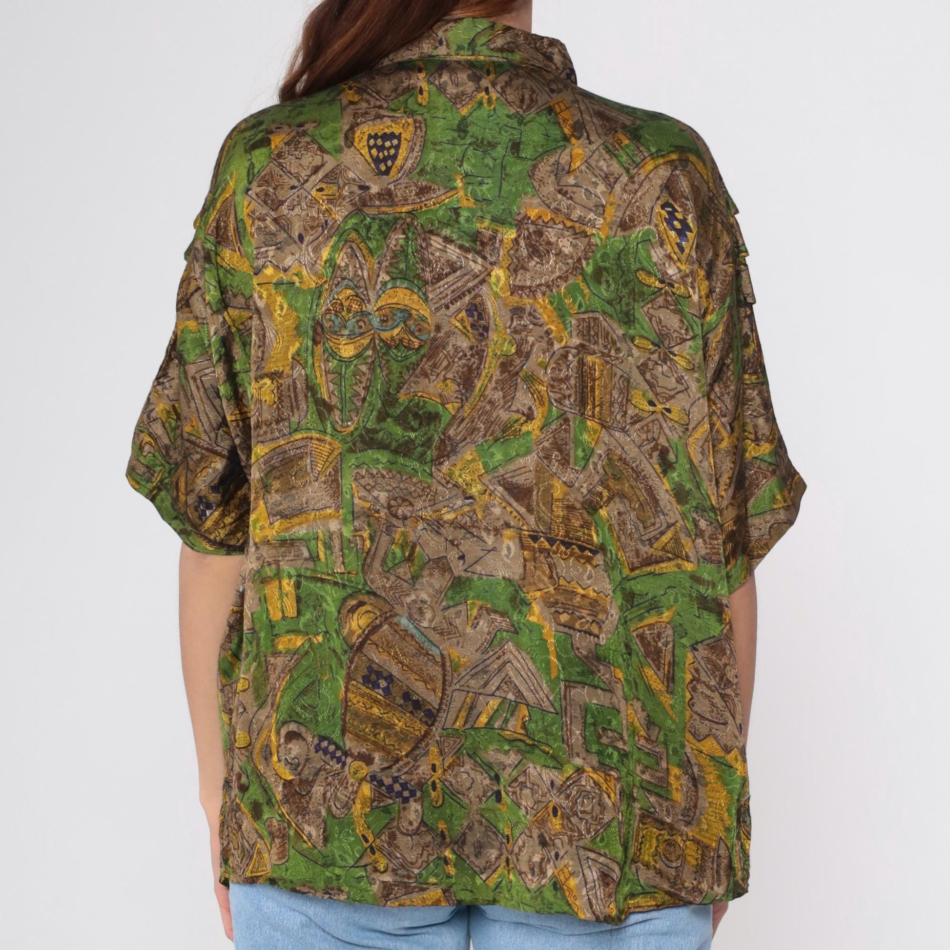 90s Geometric Button Up Shirt Brown Green Yellow Tropical Print Extra Large XL