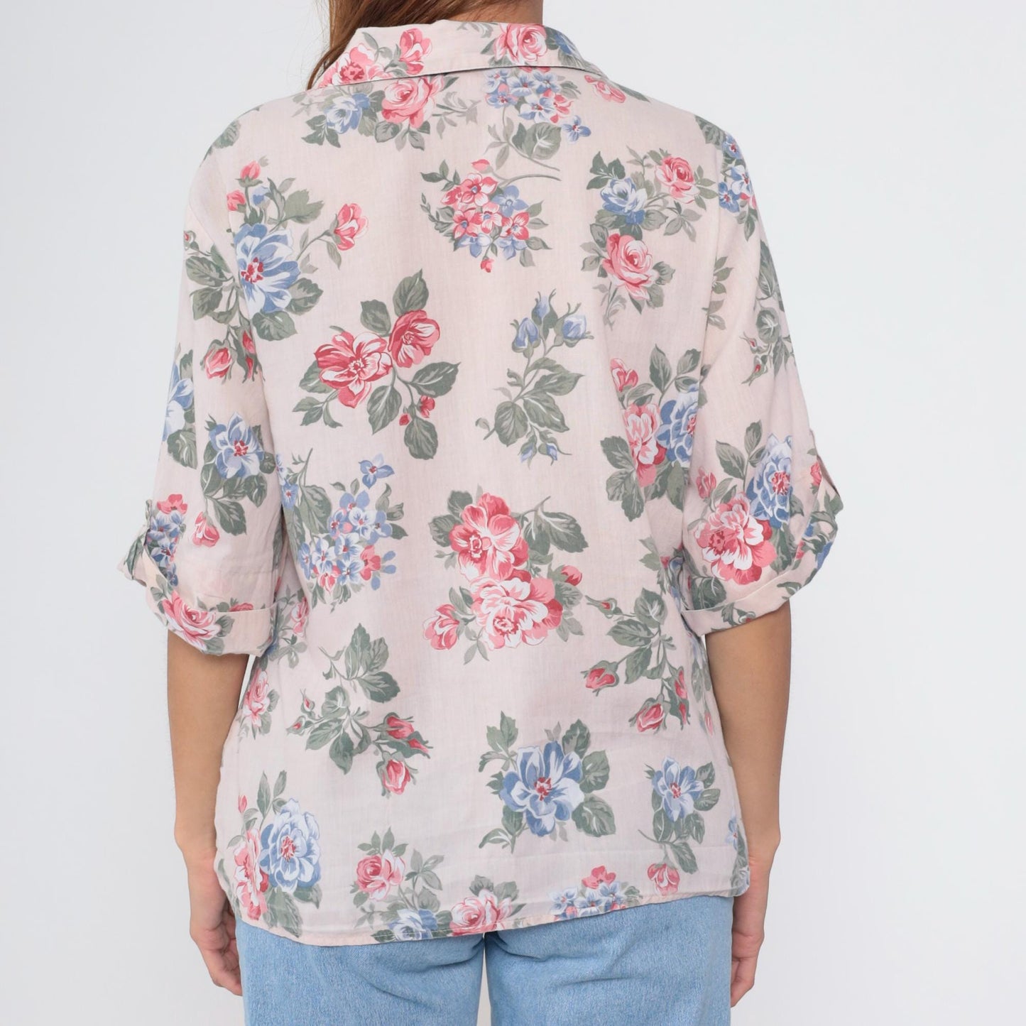 90s Beige Floral Button-Up Blouse Roll Tab Sleeve Flower Print Extra Large XL