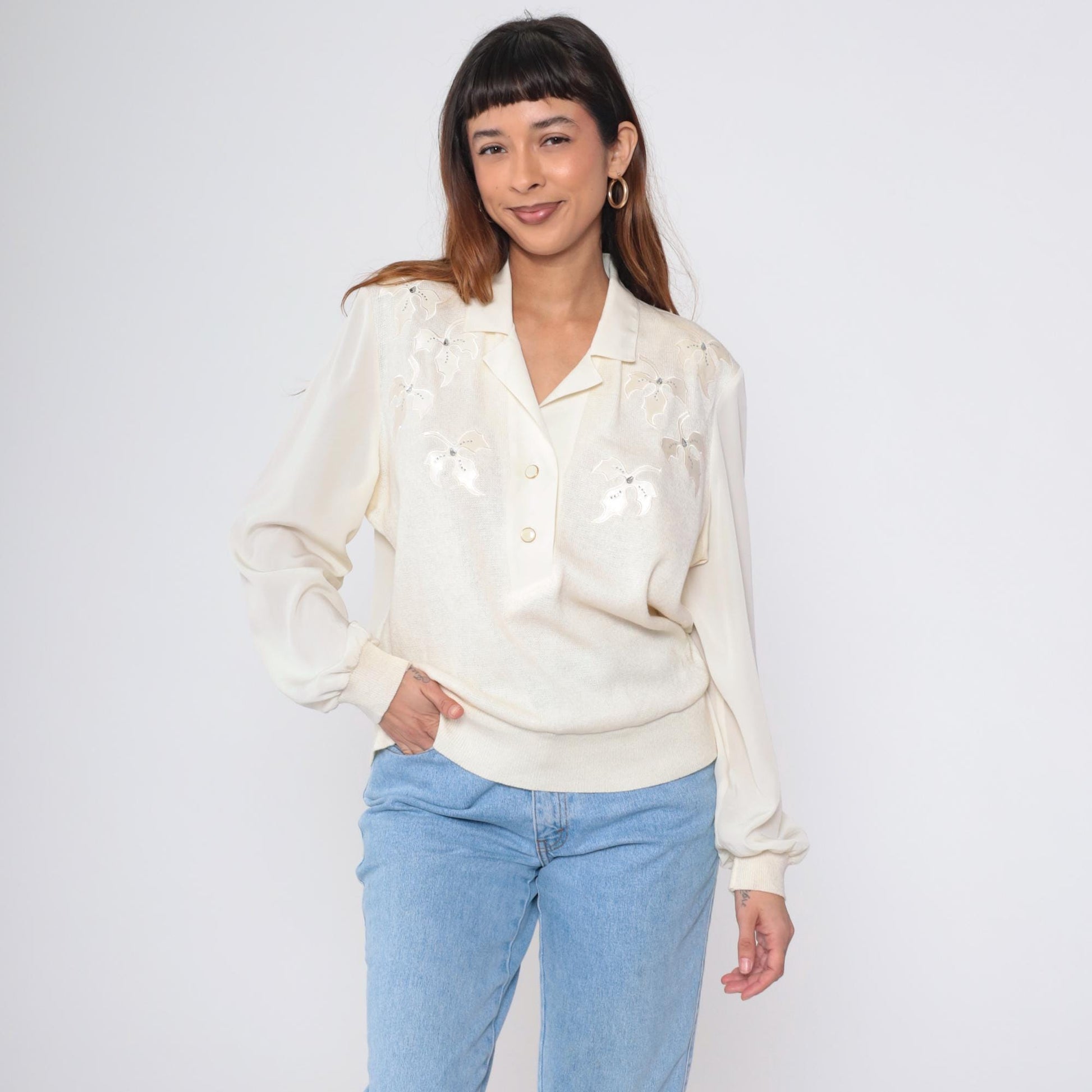 80s Philippe Marques Ivory Blouse Floral Appliqué Rhinestone Satin Knit Large L