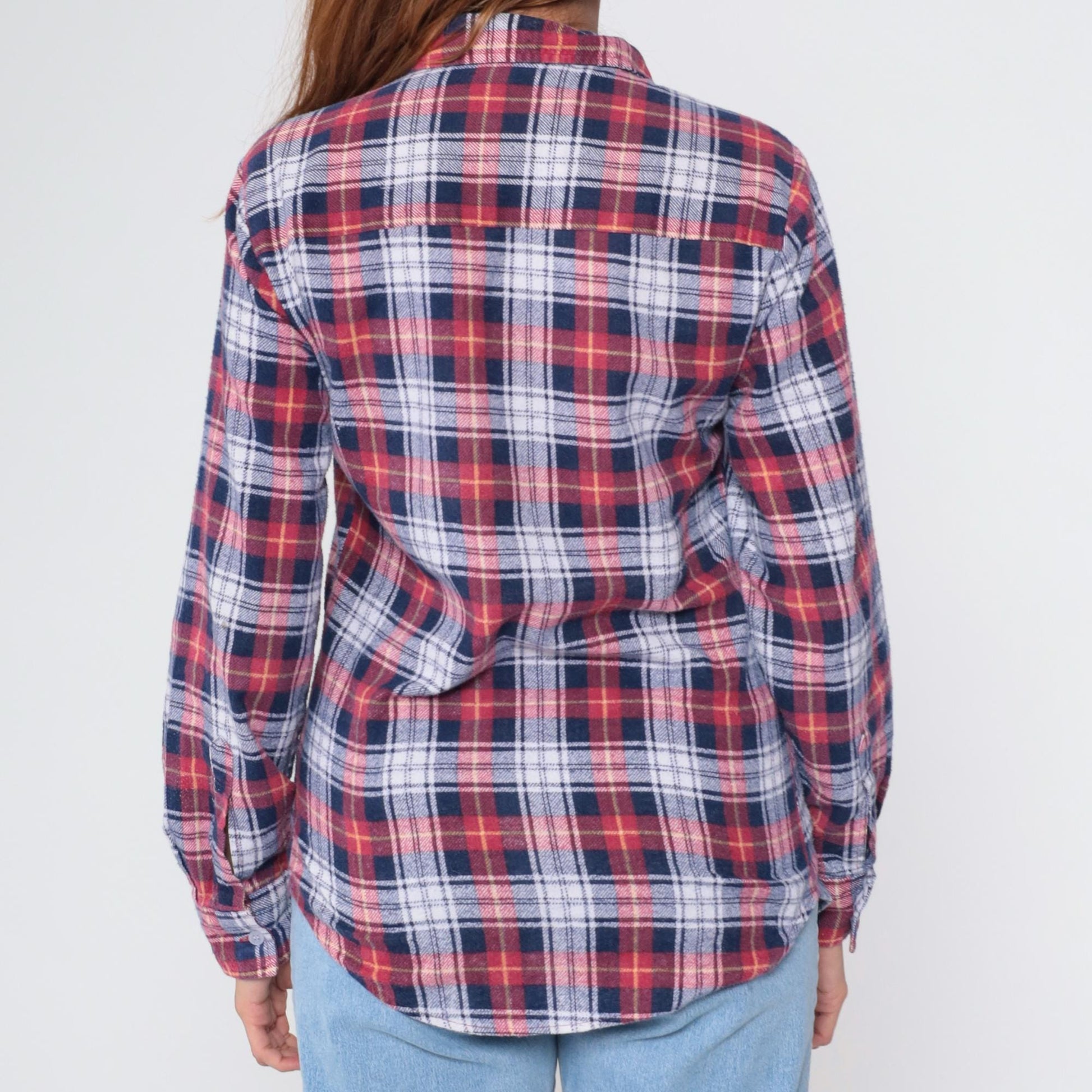 80s Red White Blue Plaid Flannel Button-Up Shirt Small S