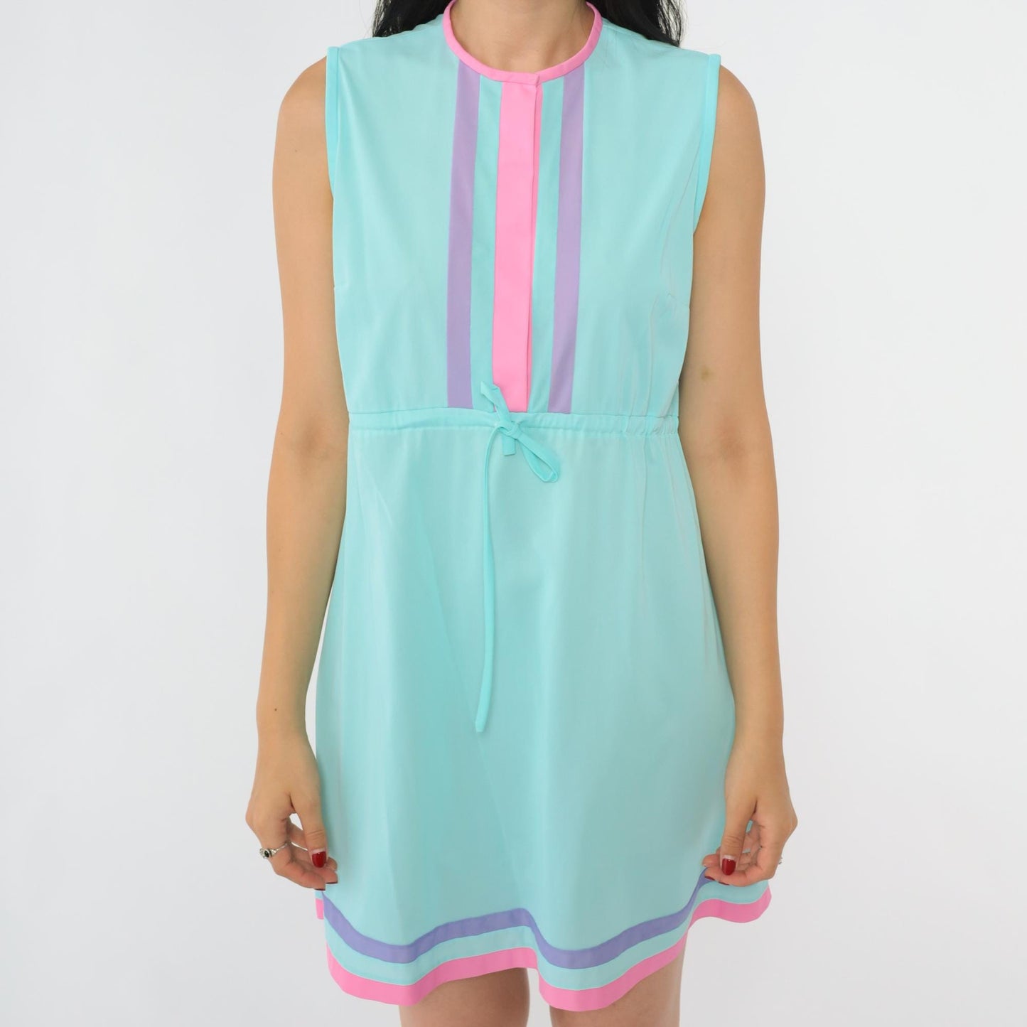 70s Aqua Striped Nylon Nightgown Mini Sleeveless High Waist Medium