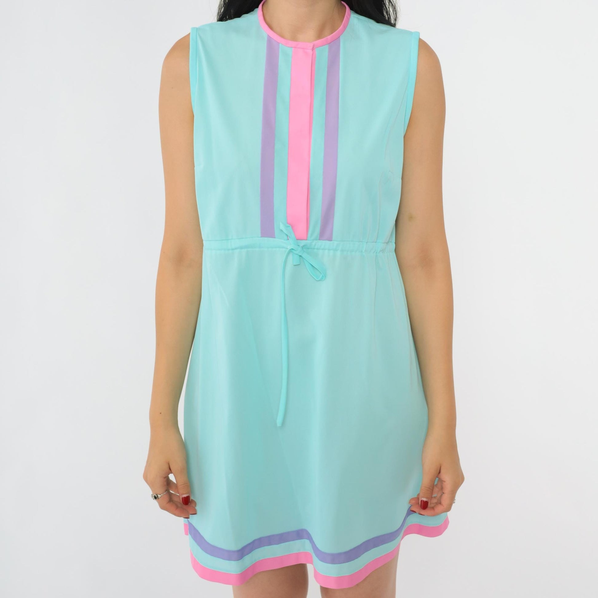 70s Aqua Striped Nylon Nightgown Mini Sleeveless High Waist Medium