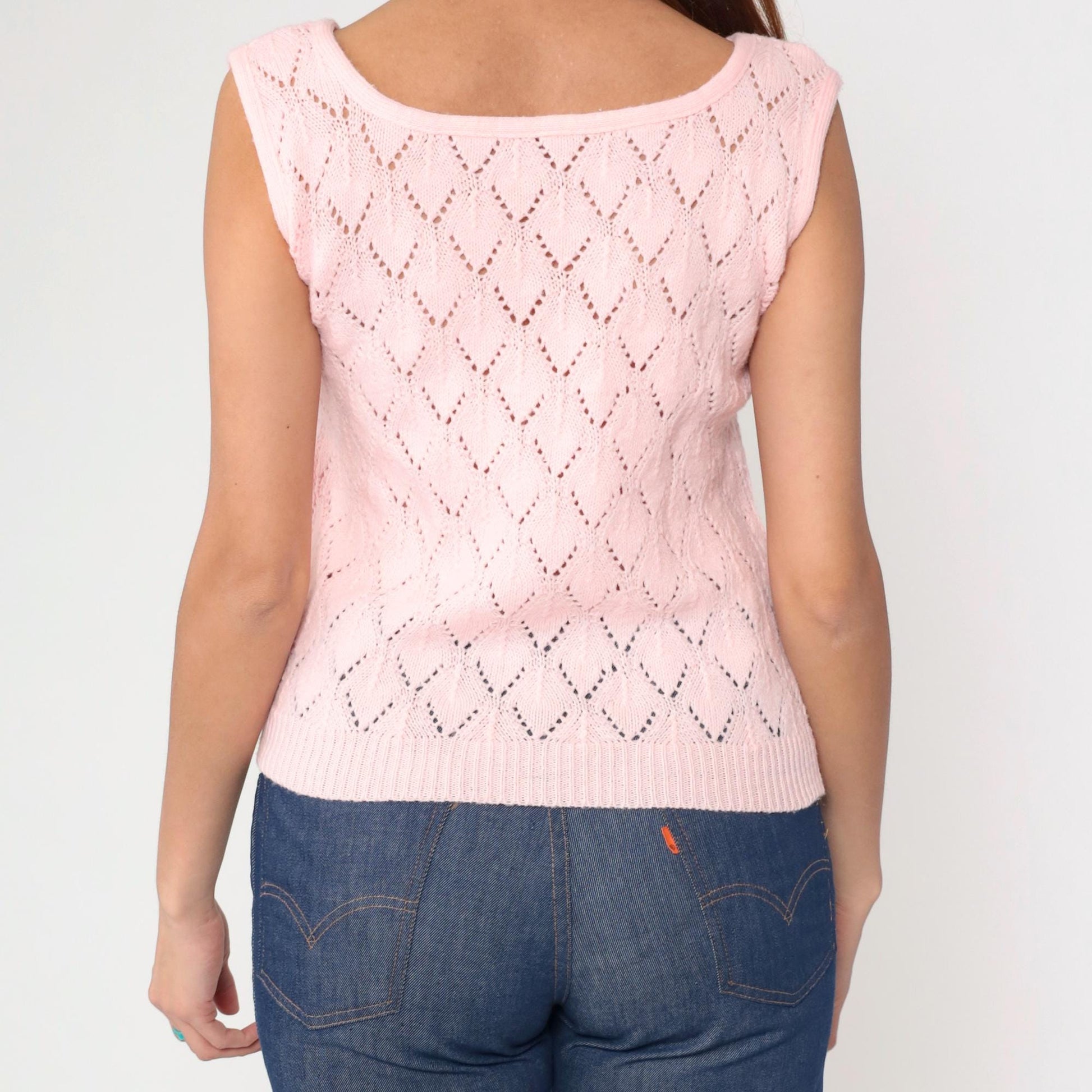 70s Pink Pointelle Knit Sleeveless Vest Wide Neckline Small