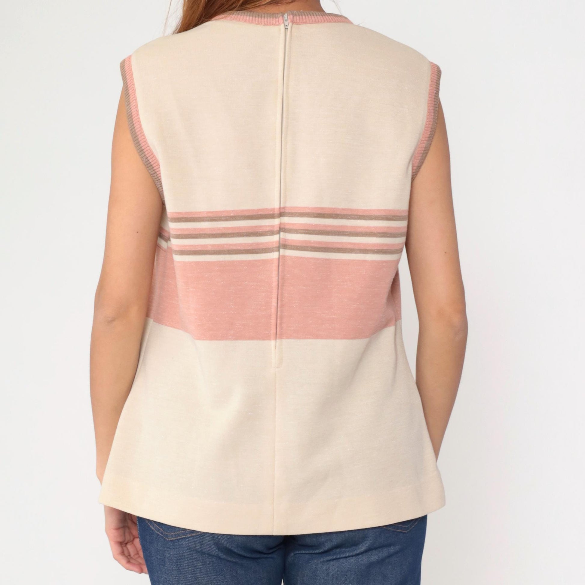 70s Striped Tank Top Cream Pink Ringer Neckline Sleeveless Medium Large