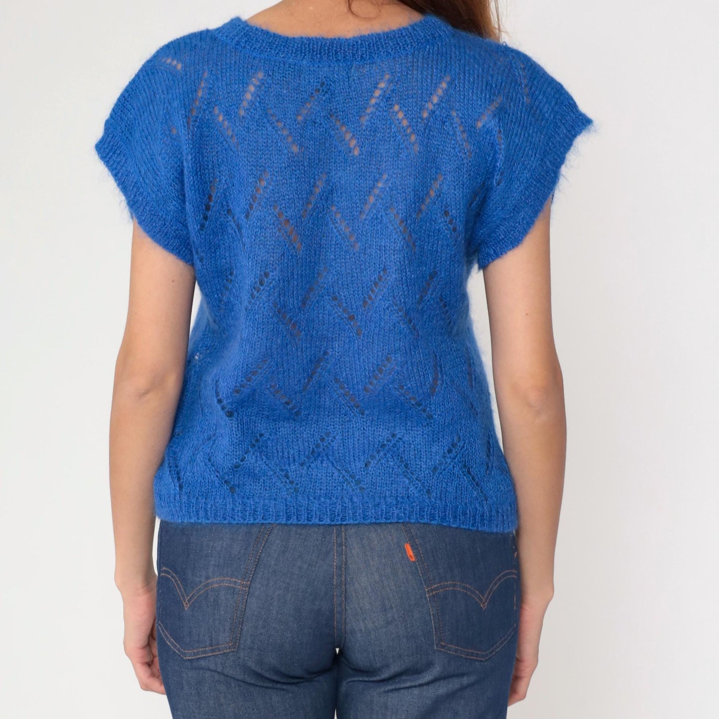 80s Jeanne Pierre Mohair Pointelle Sweater Top Royal Blue Cap Sleeve Small