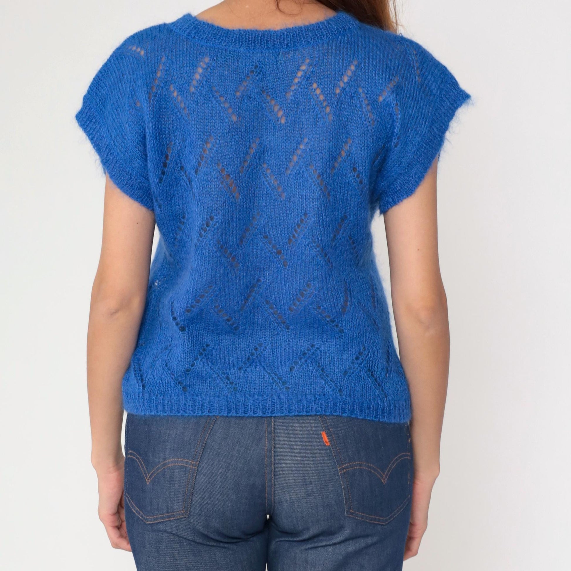 80s Jeanne Pierre Mohair Pointelle Sweater Top Royal Blue Cap Sleeve Small