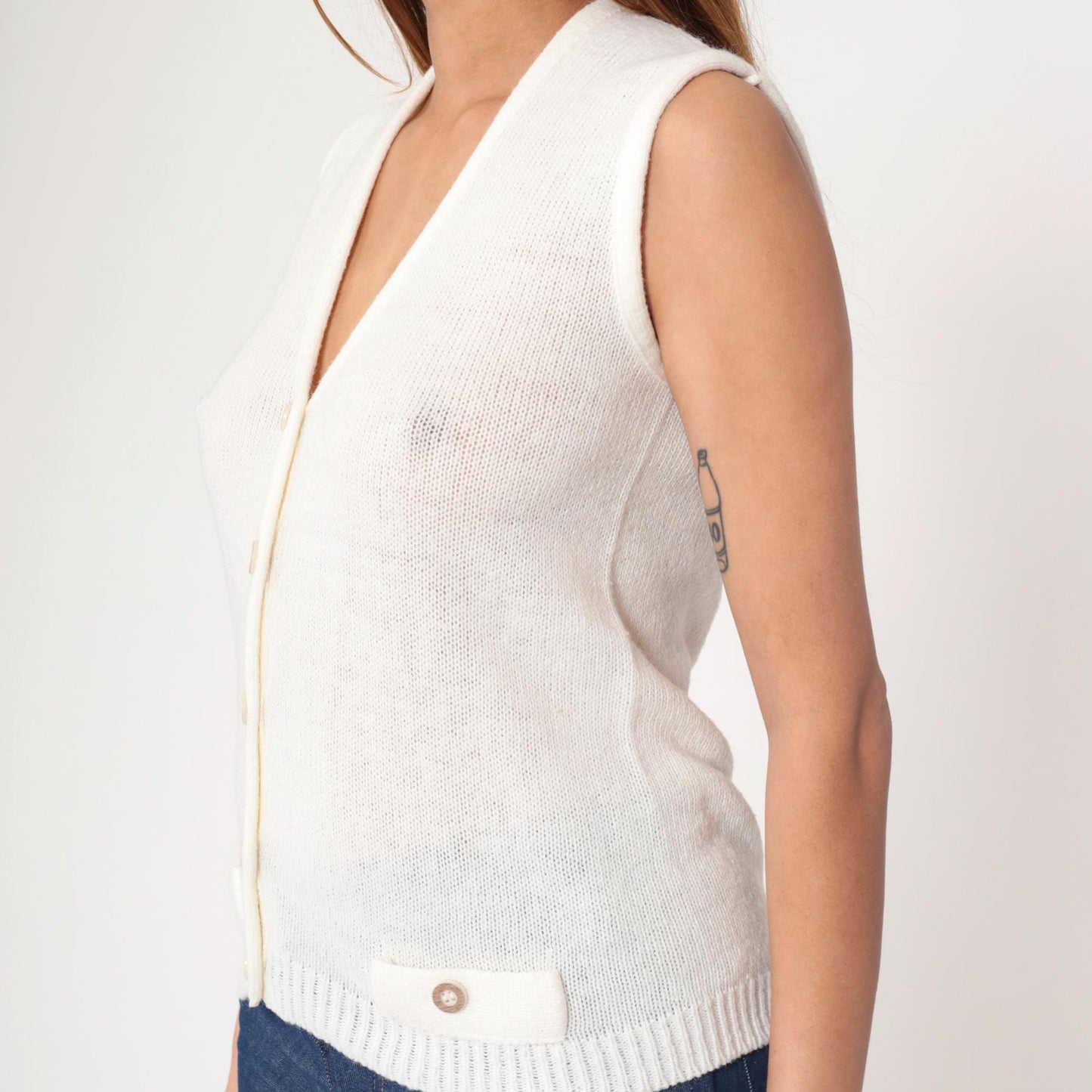 80s White Knit Sweater Vest V-Neck Button-Up Sleeveless Small S