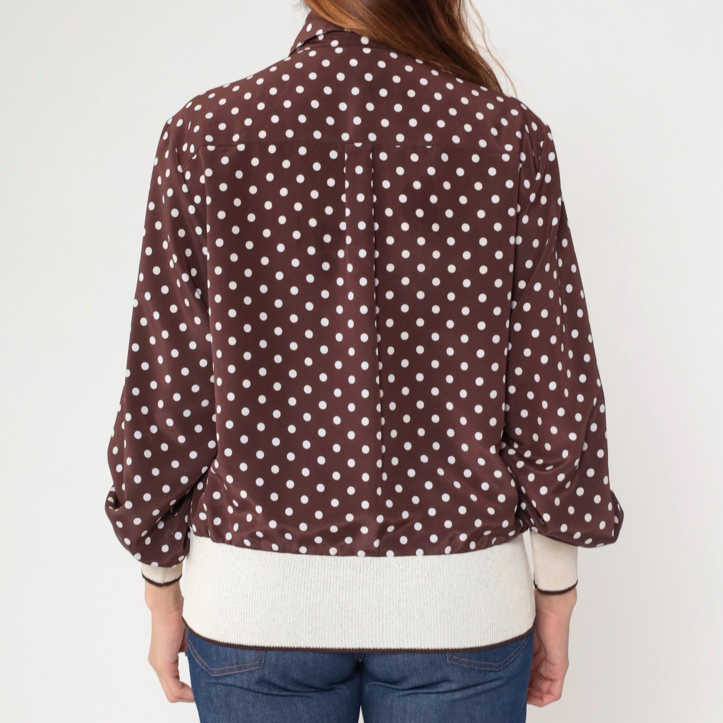 80s Brown Polka Dot Button-Up Blouse Long Sleeve Banded Hem Large