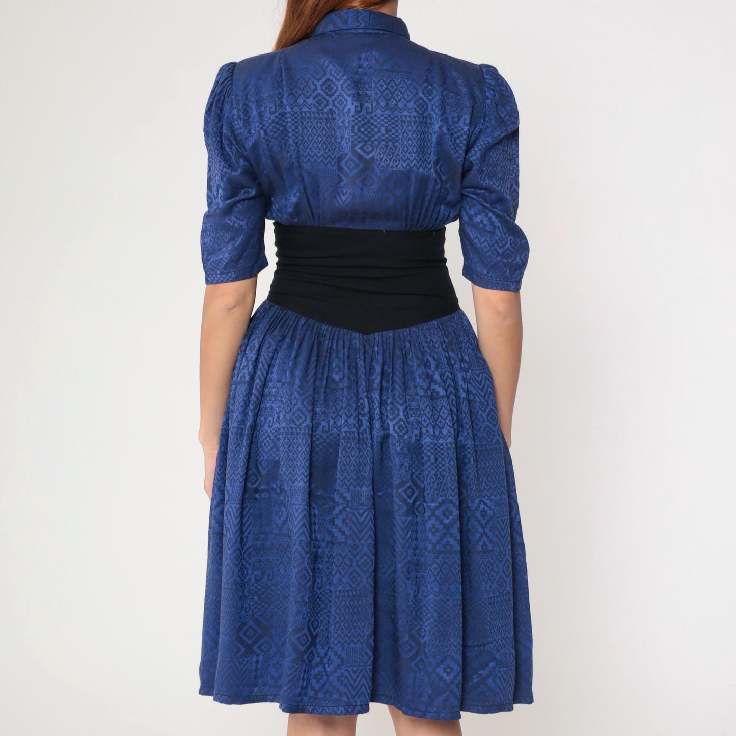 80s Lady Ann Blue Geometric Midi Dress Cinched Waist Puff Sleeve Small S