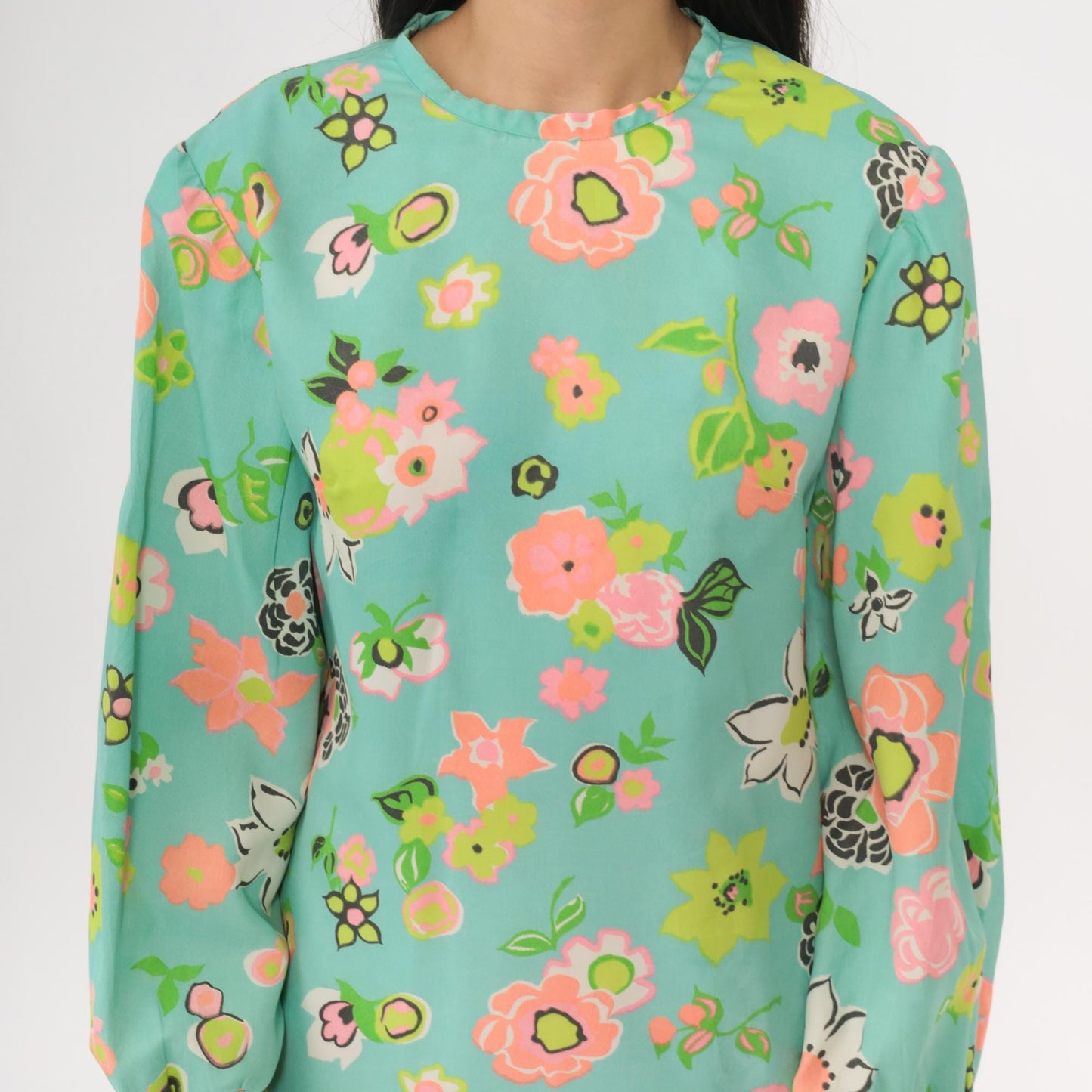 60s Mod Floral Mini Dress Aqua Blue Keyhole Back Long Sleeve Small