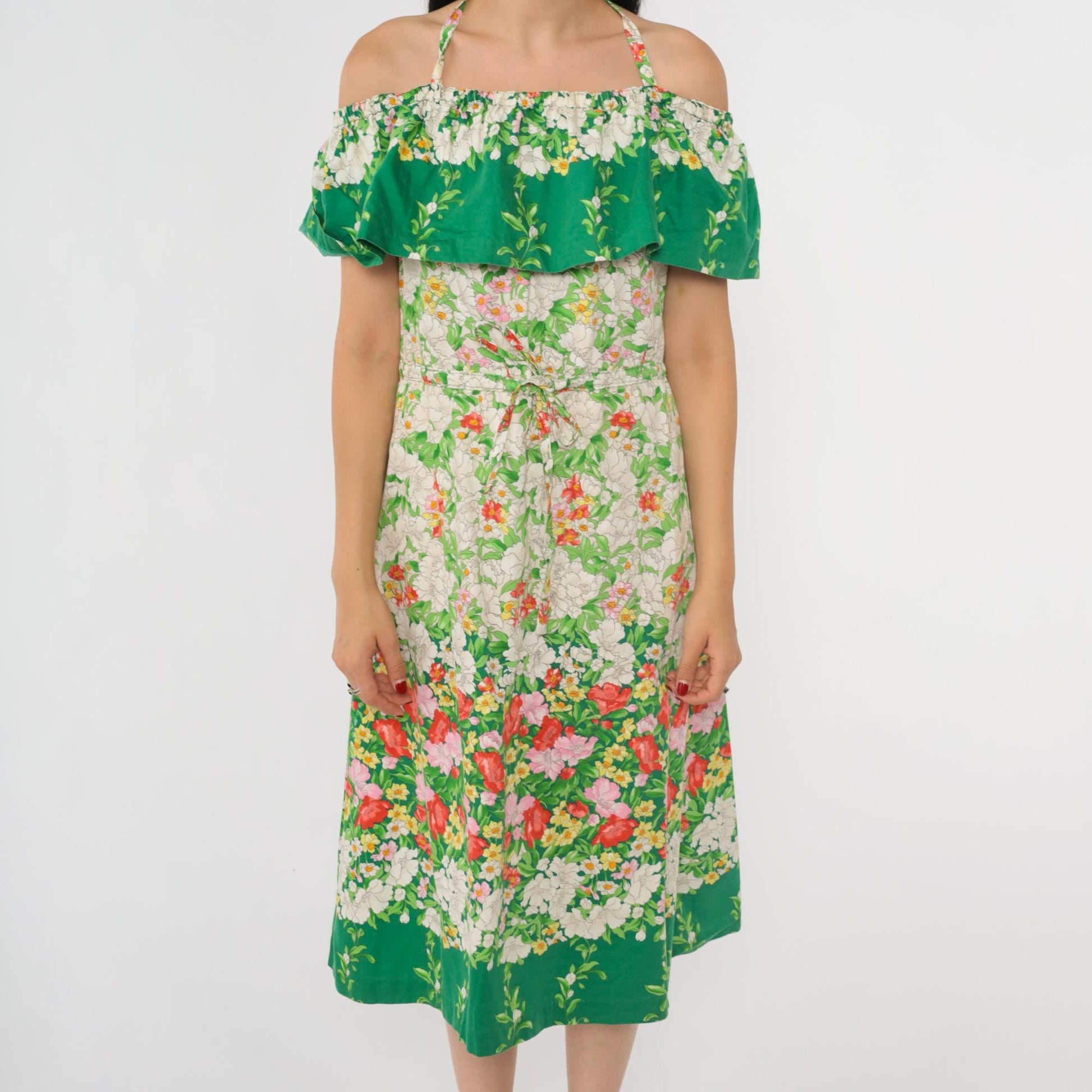 70s Parade Floral Off-Shoulder Midi Dress Green White Halter Small Medium