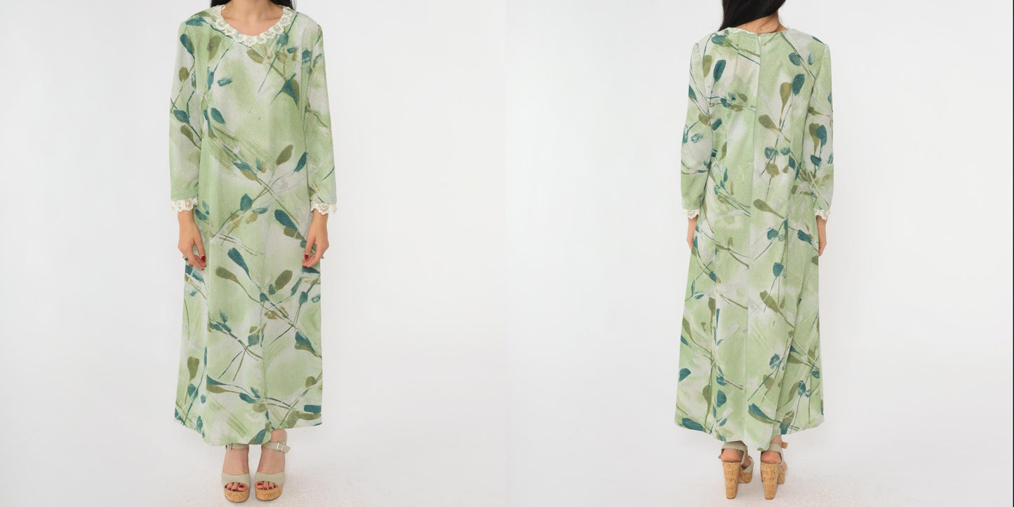 70s Green Metallic Maxi Dress Watercolor Leaf Print Lace Trim Long Sleeve Medium M