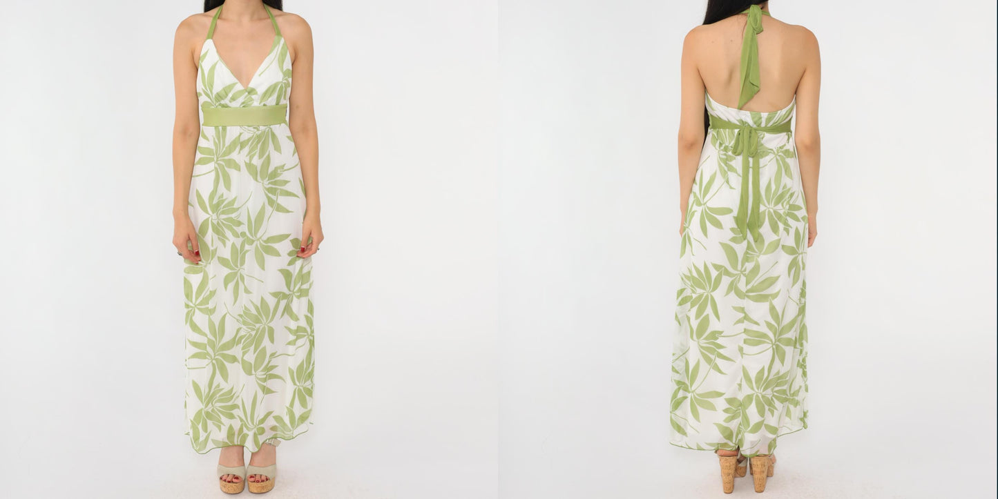 Y2K White Floral Halter Maxi Dress Green Print Empire Waist Medium