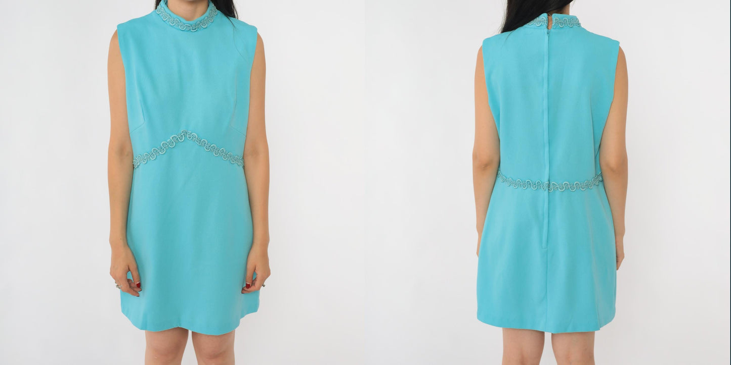 70s Blue Mod Mini Dress Empire Waist Mock Neck Sleeveless Medium M