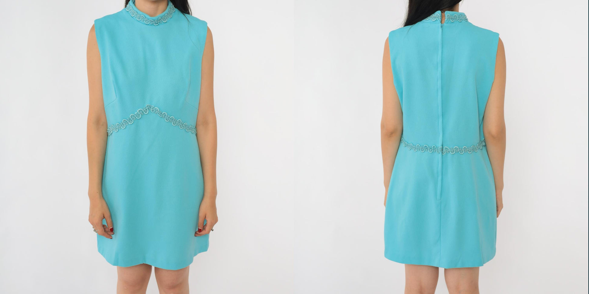 70s Blue Mod Mini Dress Empire Waist Mock Neck Sleeveless Medium M