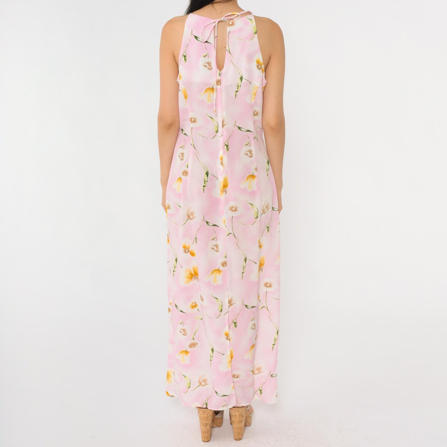 90s Pink Floral Maxi Dress Spaghetti Strap Keyhole Back Small Medium