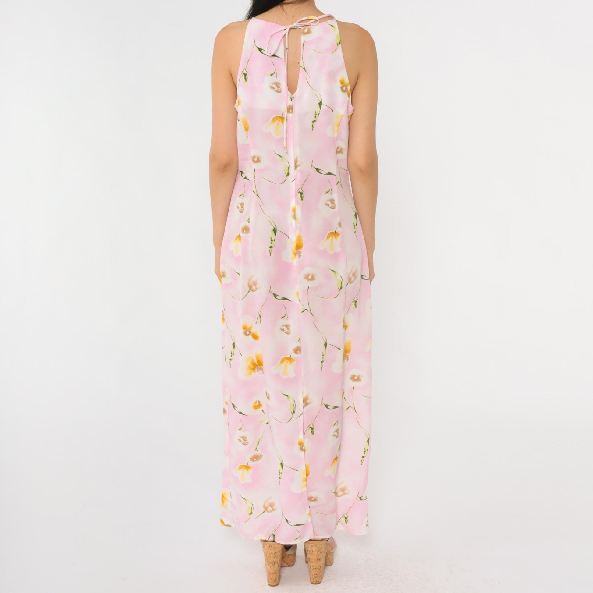 90s Pink Floral Maxi Dress Spaghetti Strap Keyhole Back Small Medium