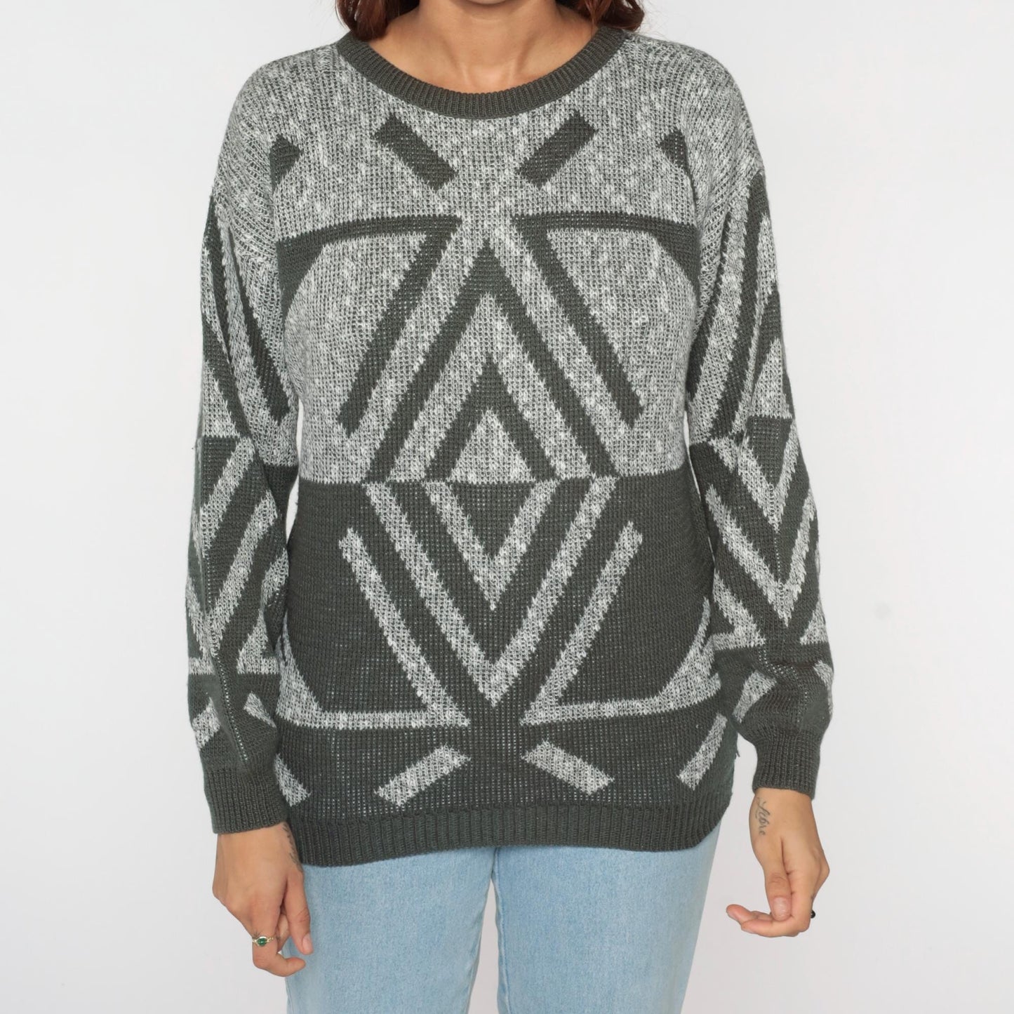 80s Grey Geometric Chevron Pullover Sweater Crewneck Knit Small S