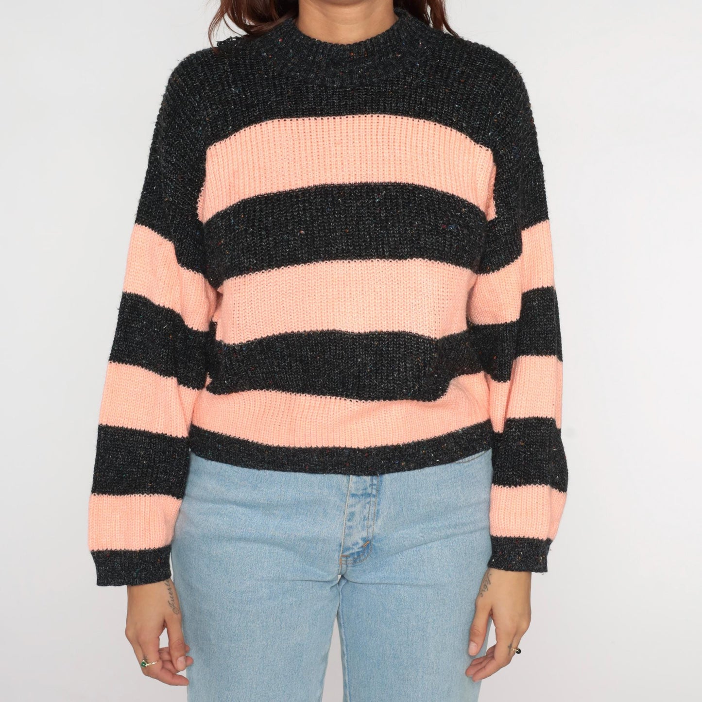 80s Peach Grey Striped Crewneck Knit Sweater Medium M