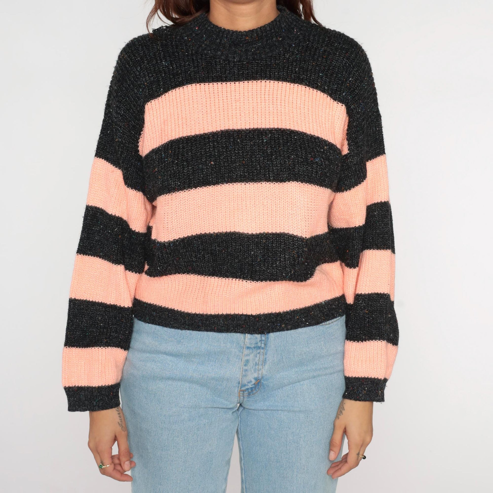80s Peach Grey Striped Crewneck Knit Sweater Medium M