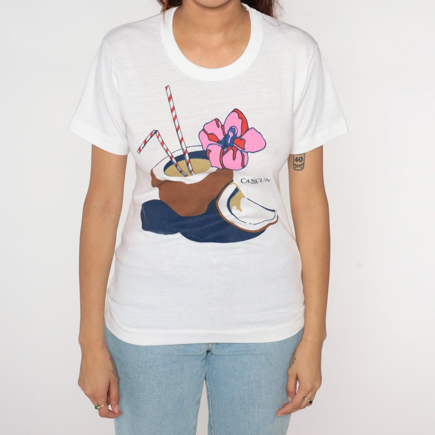 80s Cancun Mexico Tropical Coconut Graphic T-Shirt White Single Stitch XS