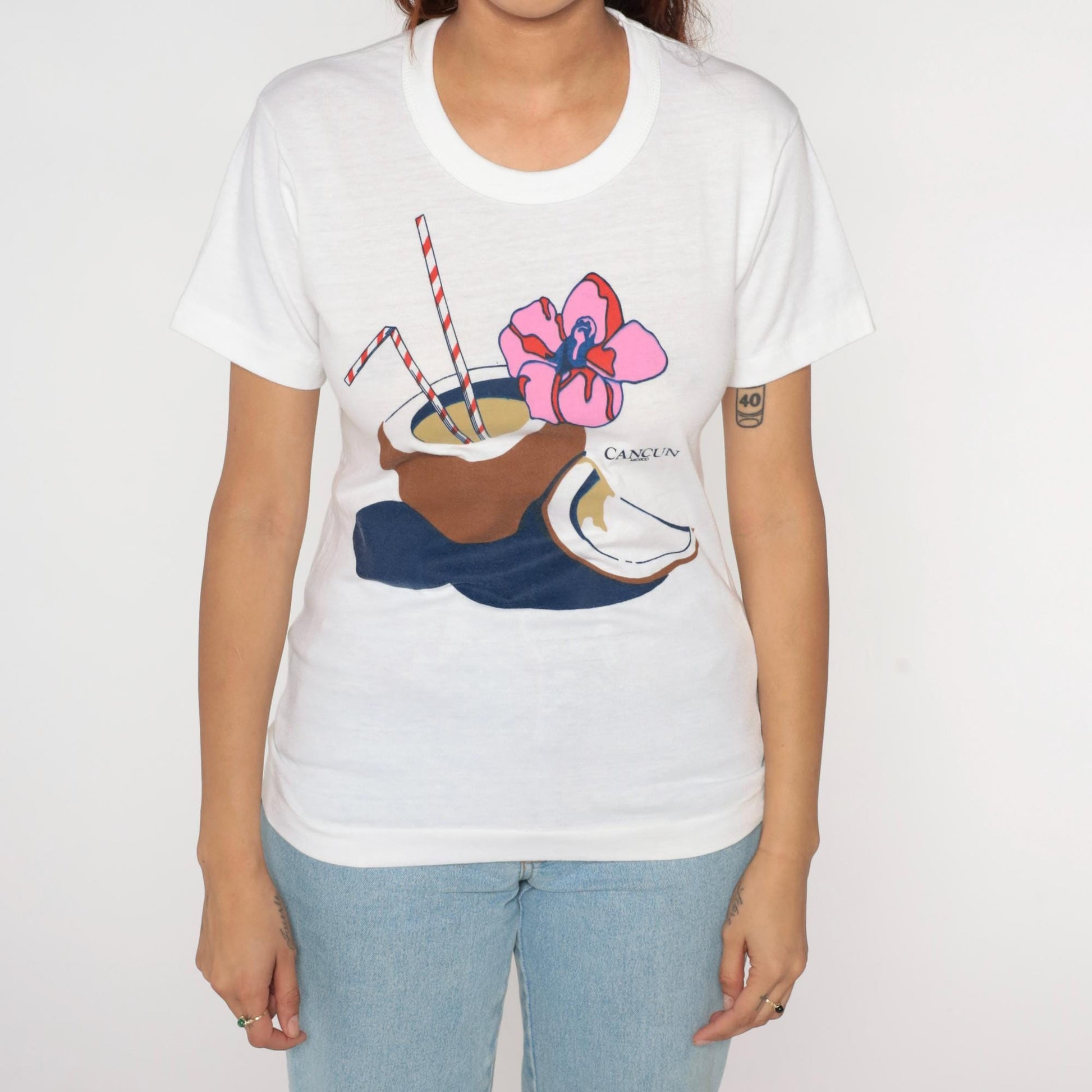 80s Cancun Mexico Tropical Coconut Graphic T-Shirt White Single Stitch XS
