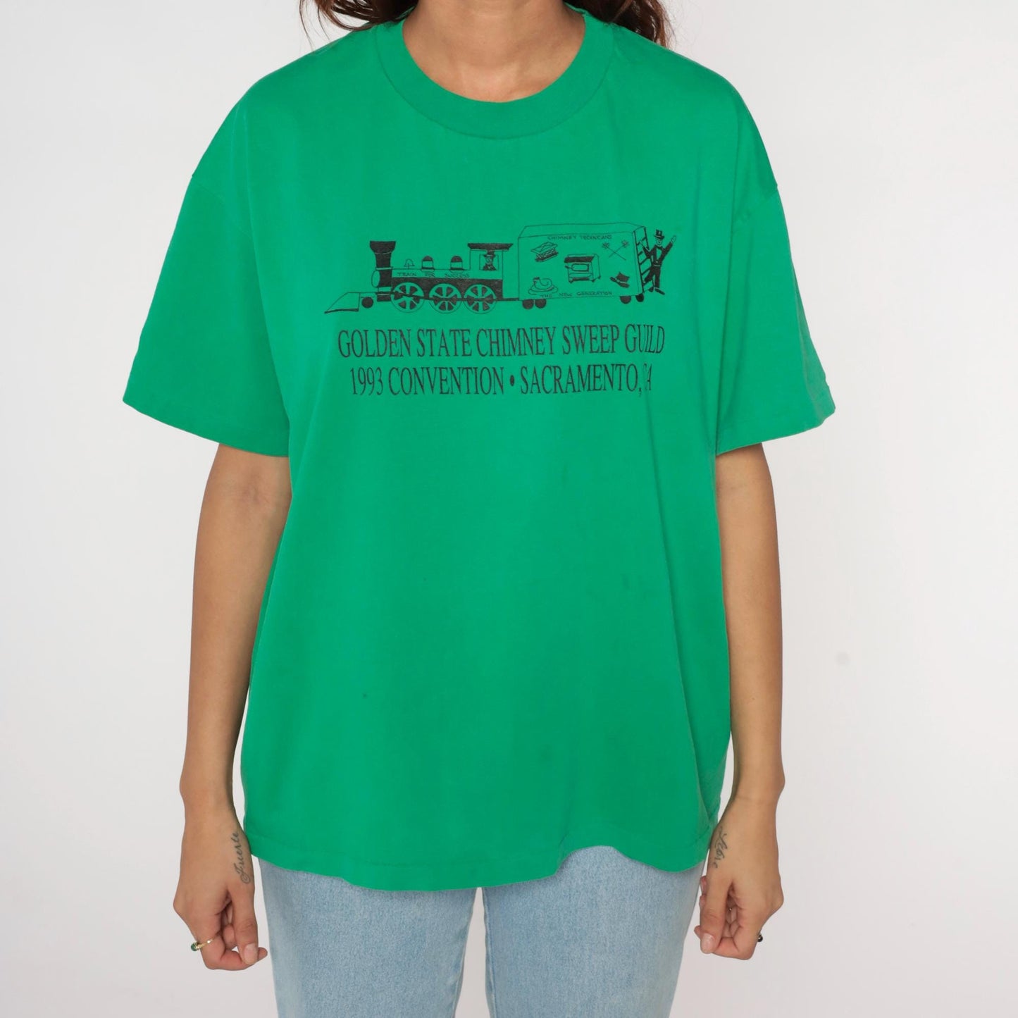 90s Chimney Sweep Guild Convention Graphic Tee Green Train Print Extra Large